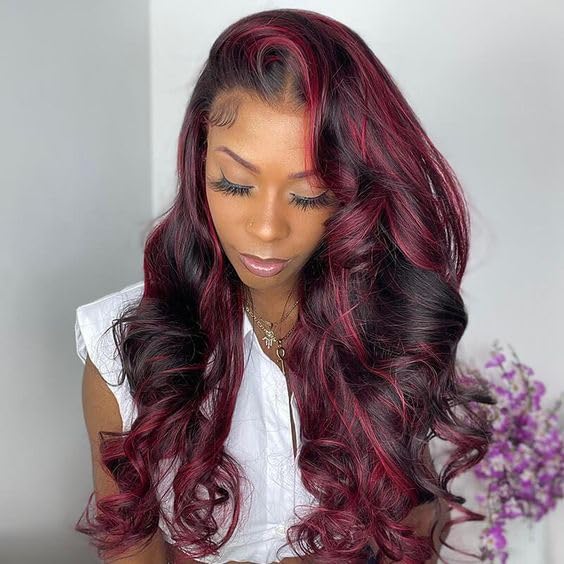 TESLAL Burgundy Body Wave Wig, 18 inch, 1B99J Colored Human Hair, 13x4 Lace Front, 180% Density, Pre Plucked, Adjustable, Tangle Free