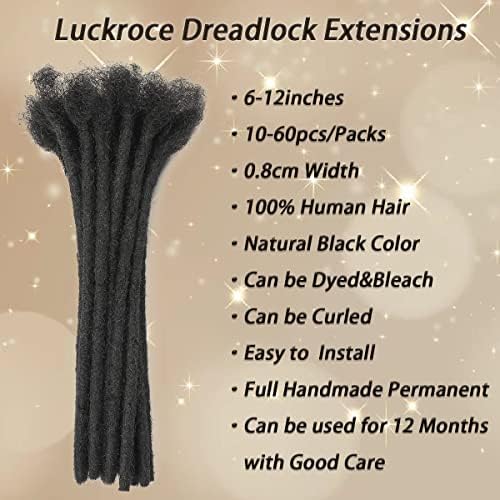 Dreadlock Extension Human Hair 8inch 0.8cm Width 100% Permanent Huamn Hair Loc Extension Can Be Dyed Bleached Curled Handmade Loc Extension for Men Women (30 Strands Natual Black)