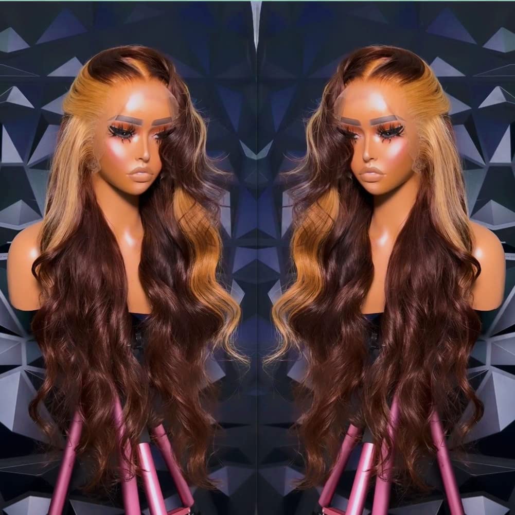 30 Inch Ombre Highlight Honey Blonde Lace Front Wig Human Hair Chocolate Brown Skunk Stripe Wig Human Hair Lace Front Body Wave 13x4 Transparent HD Lace Frontal Wigs for Women