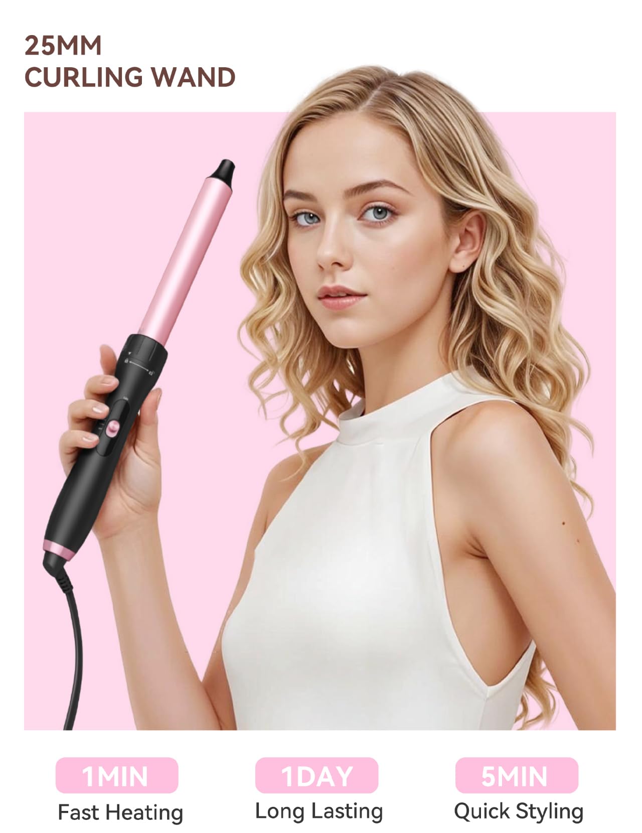 LANDOT 5-in-1 Curling Iron Wand Set: Hair Curler Set with Curling Thermal Brush 1-1/2 inch and 4 Interchangeable Ceramic Curling Wand (0.35”-1.25”) - Instant Heat Up Long Lasting Curls