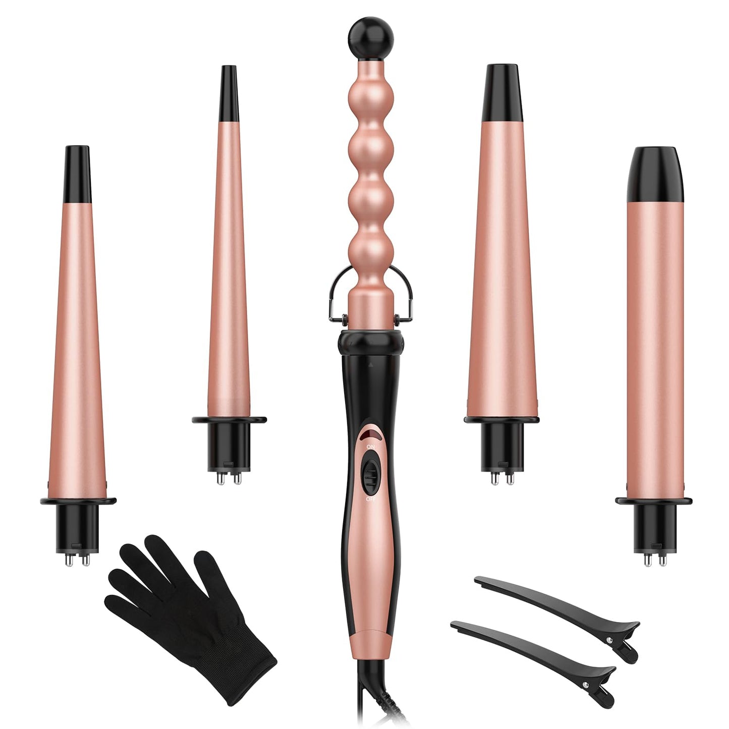 Long Barrel Curling Iron Wand Set, BESTOPE PRO 6 in 1 Curling Wand Set with Ceramic Barrel for Long/Medium Hair, 0.35"-1.25" Interchangeable Hair Wand Curler, Dual Voltage, Include Glove & Clips