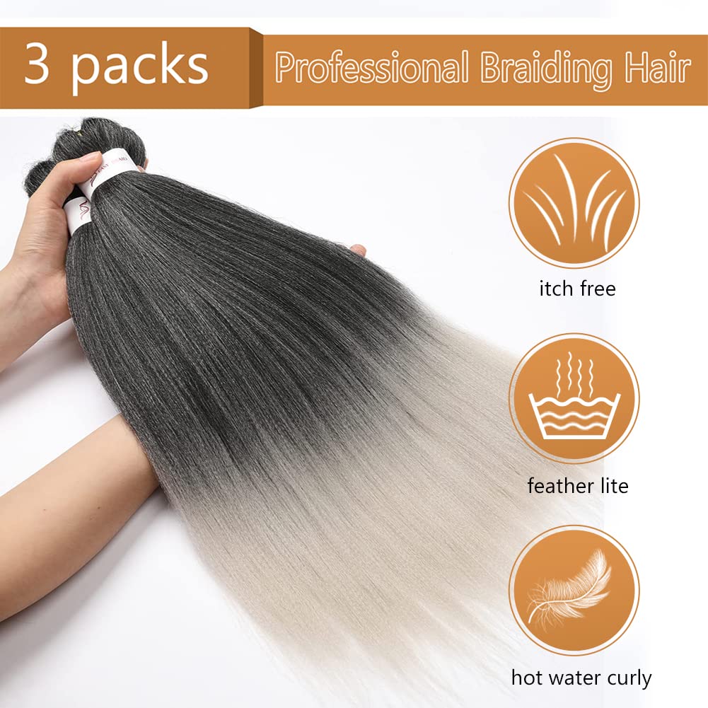 Braiding Hair Pre Stretched 24 Inch 8 Packs Ombre Braiding Hair Professional Soft Braiding Hair Yaki Texture, No Itch, Hot Water Setting Hair Extensions for Braids (24in,1B/30)
