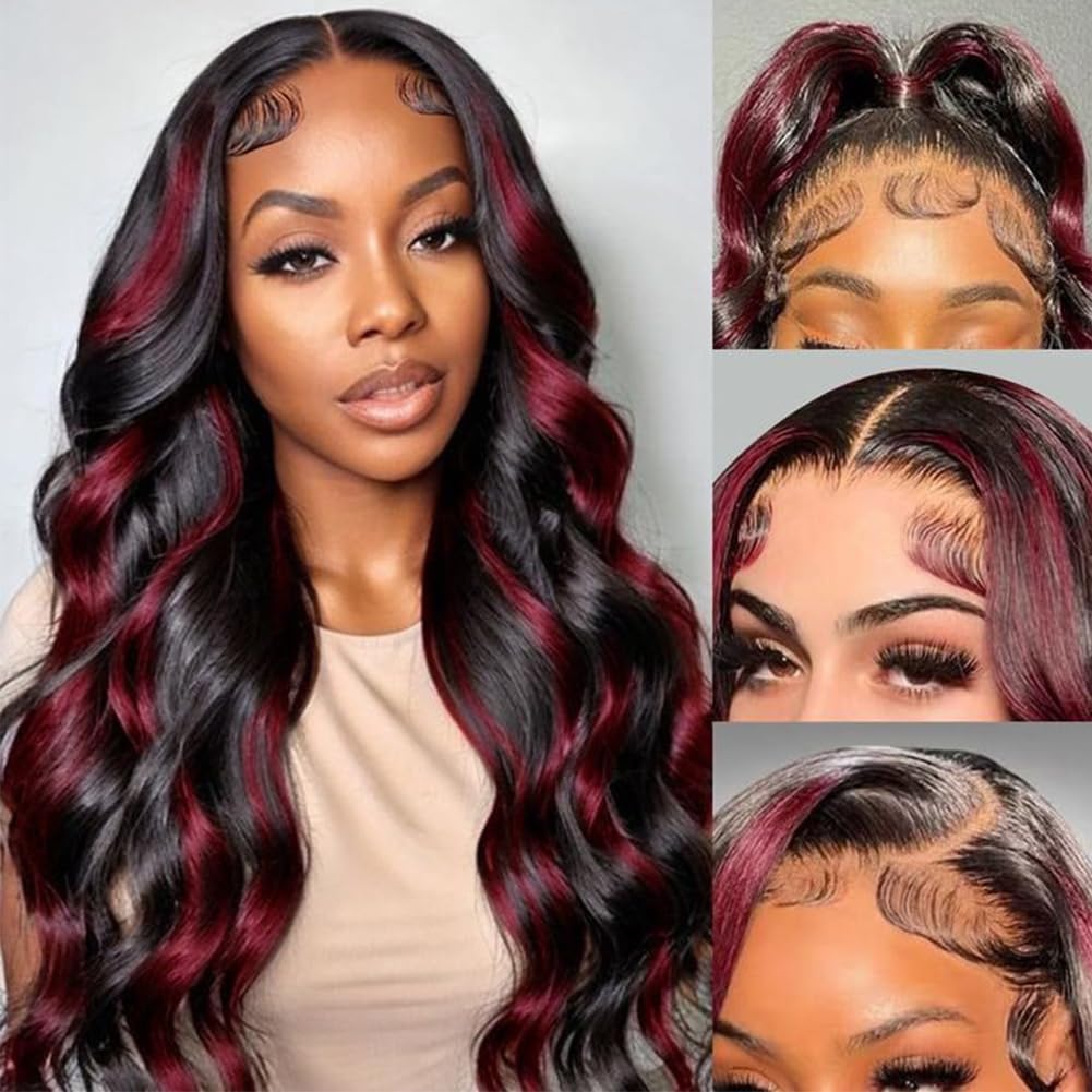 TESLAL Burgundy Body Wave Wig, 18 inch, 1B99J Colored Human Hair, 13x4 Lace Front, 180% Density, Pre Plucked, Adjustable, Tangle Free