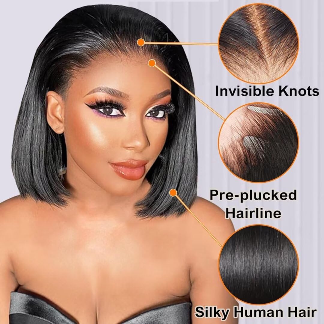Bob Wig Human Hair 13x6 Lace Front Wigs Human Hair 180 Density Straight Frontal Wigs Human Hair HD Lace Wig Short Bob Wigs for Black Women Human Hair Glueless Wigs Pre Plucked Blunt Cut Wig 12 Inch