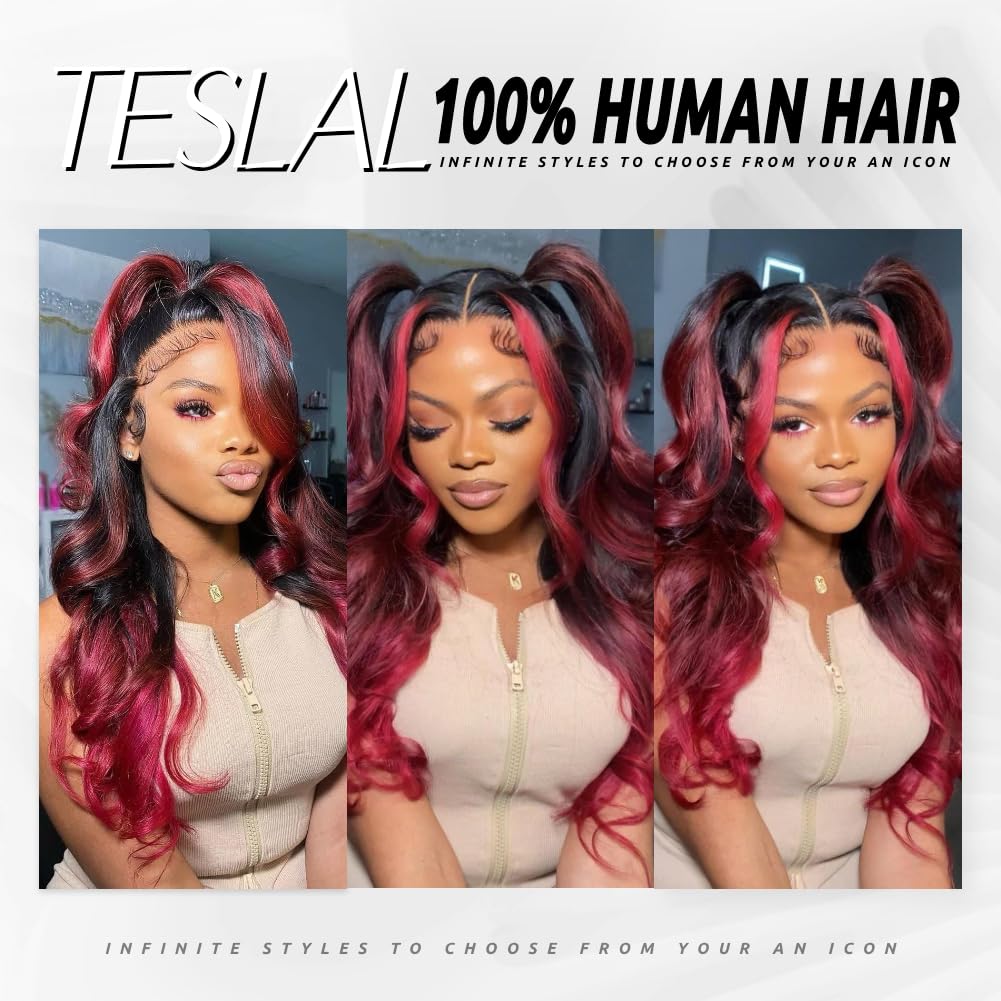 TESLAL Burgundy Body Wave Wig, 18 inch, 1B99J Colored Human Hair, 13x4 Lace Front, 180% Density, Pre Plucked, Adjustable, Tangle Free