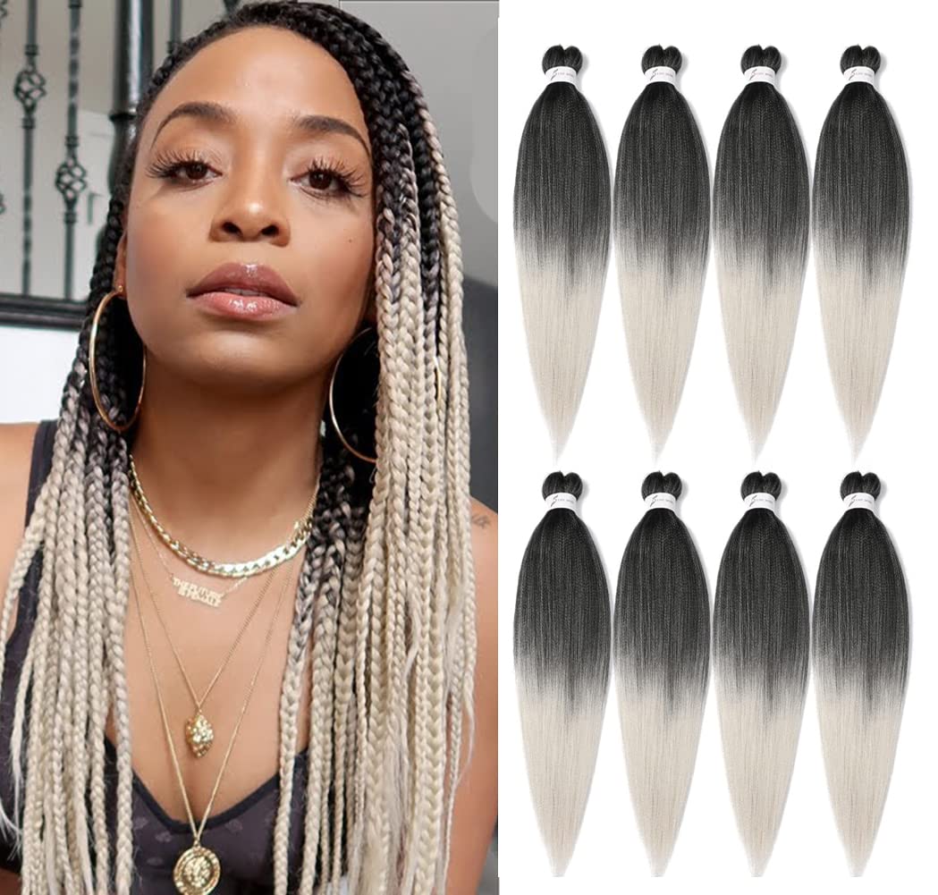 Braiding Hair Pre Stretched 24 Inch 8 Packs Ombre Braiding Hair Professional Soft Braiding Hair Yaki Texture, No Itch, Hot Water Setting Hair Extensions for Braids (24in,1B/30)