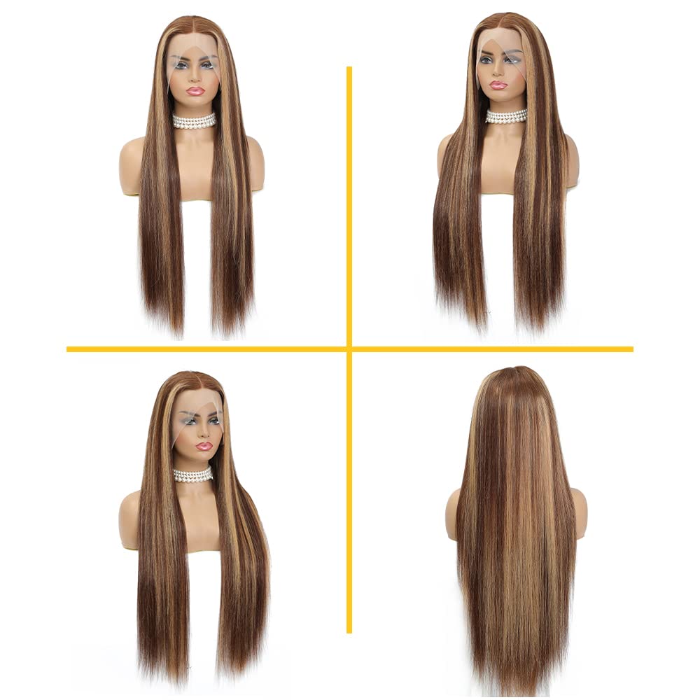 Ombre Highlight Lace Front Wig Human Hair 13x4 Glueless Transparent HD Lace Frontal Wigs Pre Plucked With Baby Hair Straight Brazilian Blonde 4/27 Human Hair Wigs 180% Density for Black Women 22 Inch