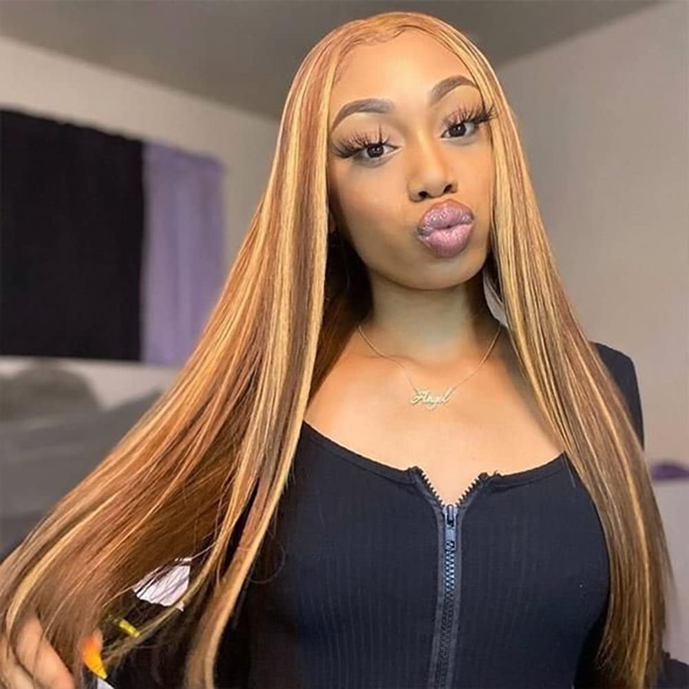 ISEE Wear & Go Glueless Wig Highlight Brown Wigs Silky Straight Pre-plucked 4x6 HD Transparent 4/27 Honey Blonde Lace Frontal Wigs 180% Density Colored Straight Human Hair Wigs for Women 28 Inch