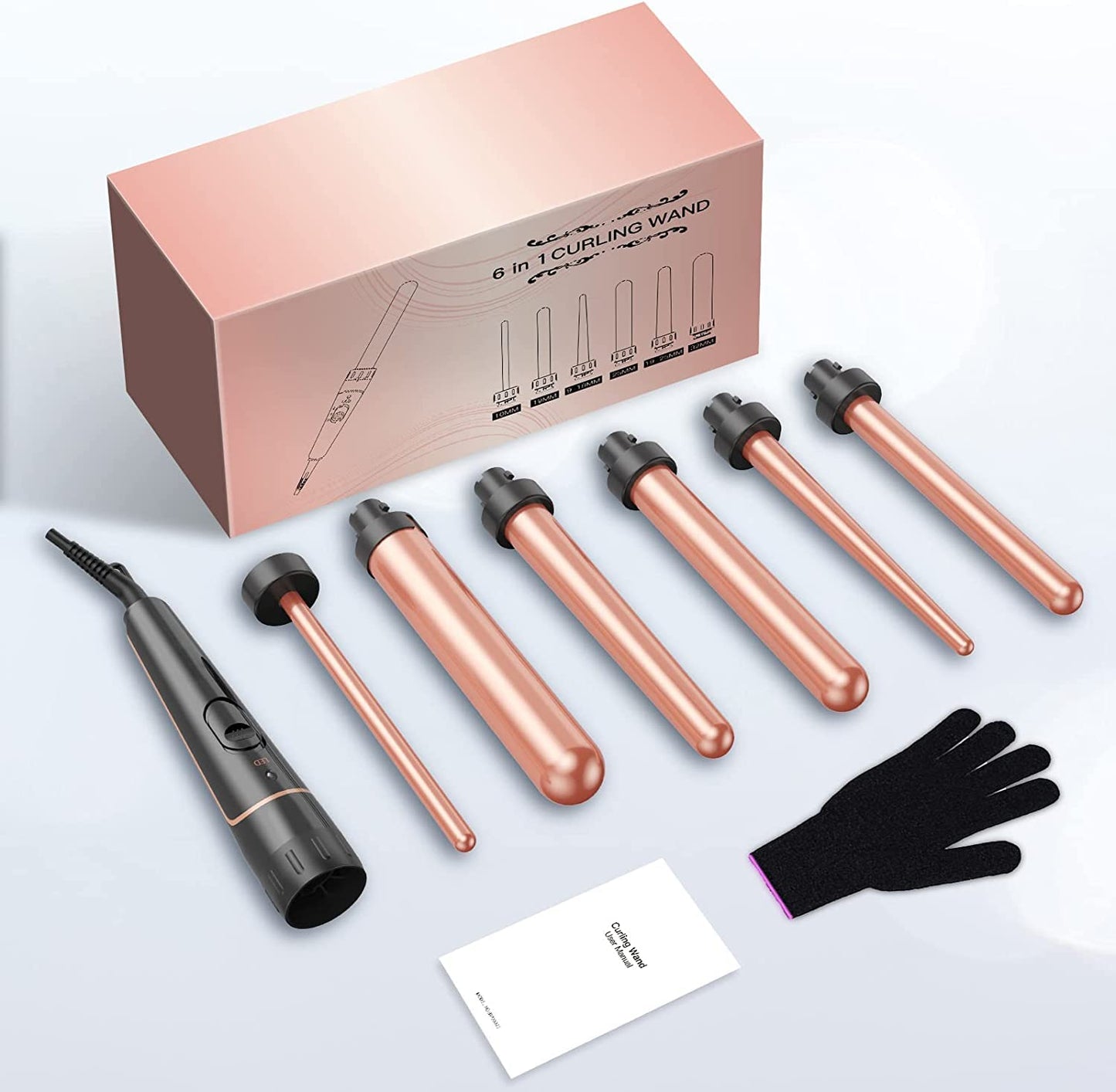Long Barrel Curling Iron Wand Set, BESTOPE PRO 6 in 1 Curling Wand Set with Ceramic Barrel for Long/Medium Hair, 0.35"-1.25" Interchangeable Hair Wand Curler, Dual Voltage, Include Glove & Clips