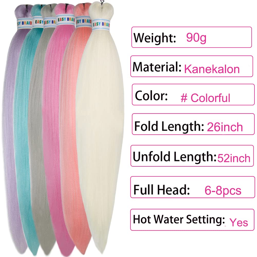 Colorful Braiding Hair Pre Stretched Colored Braiding Hair Extensions for Braids 26inch 6Pcs Knotless Braiding Hair Pre Stretched Rainbow Box Braiding Hair Pre Stretched