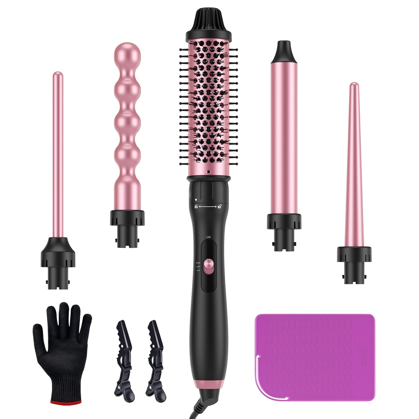 LANDOT 5-in-1 Curling Iron Wand Set: Hair Curler Set with Curling Thermal Brush 1-1/2 inch and 4 Interchangeable Ceramic Curling Wand (0.35”-1.25”) - Instant Heat Up Long Lasting Curls