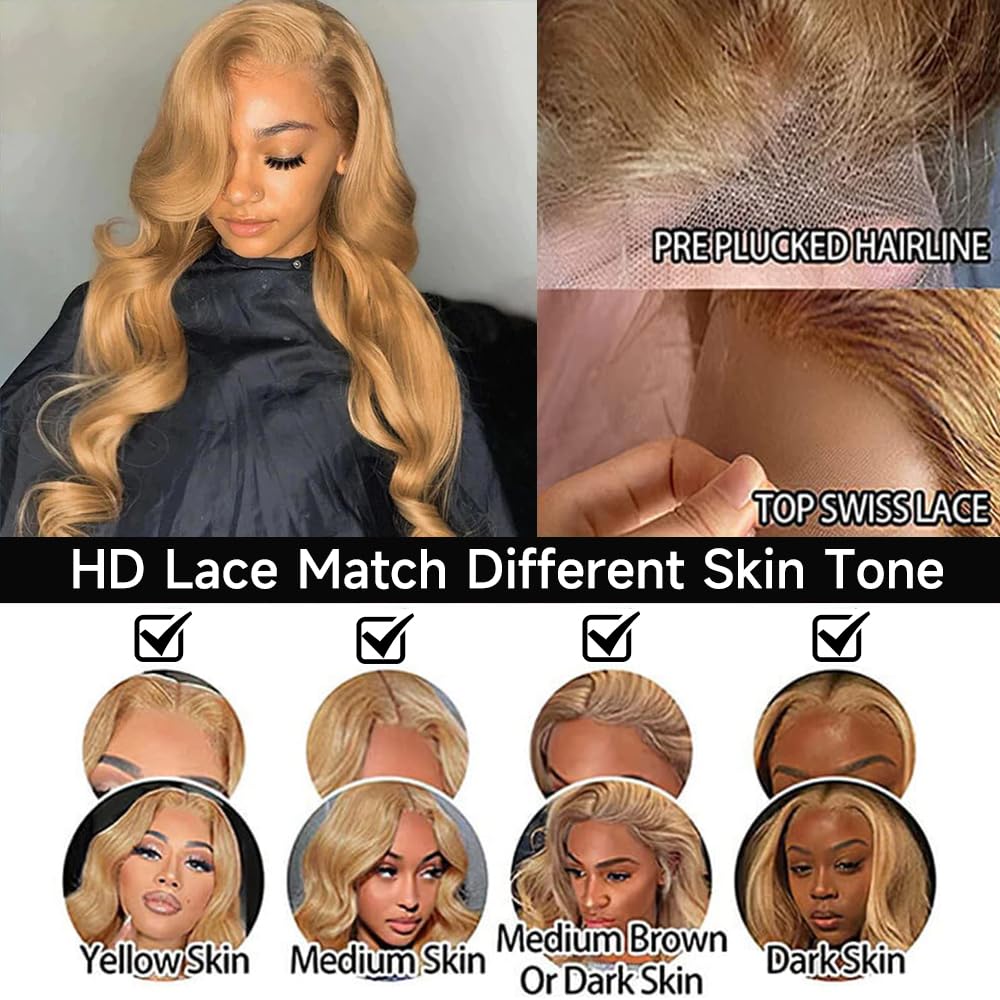 Ombre Highlight Lace Front Wig Human Hair 13x4 Glueless Transparent HD Lace Frontal Wigs Pre Plucked With Baby Hair Straight Brazilian Blonde 4/27 Human Hair Wigs 180% Density for Black Women 22 Inch
