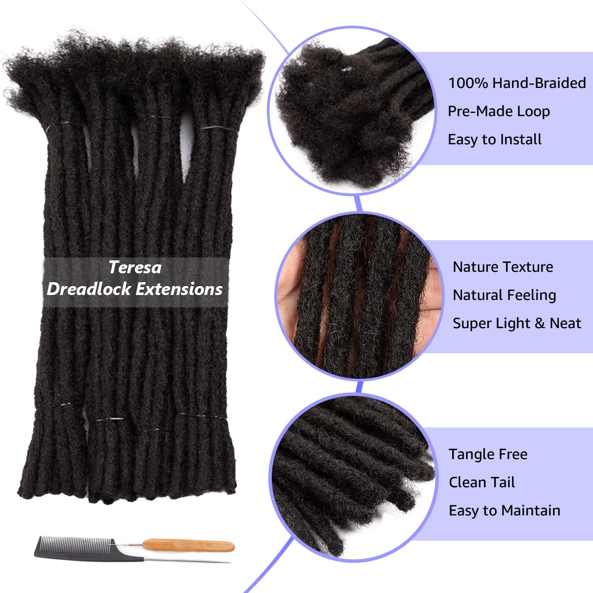 Teresa 0.8cm & 0.6cm & 0.4cm & 0.2cm Width 6-18 Inch 10, 20, 40, 70, 100 strands 100% Human Hair Dreadlock Extensions Men/Women,Full Handmade Permanent Human Loc Extensions Bundles(0.8cm,6 Inch)