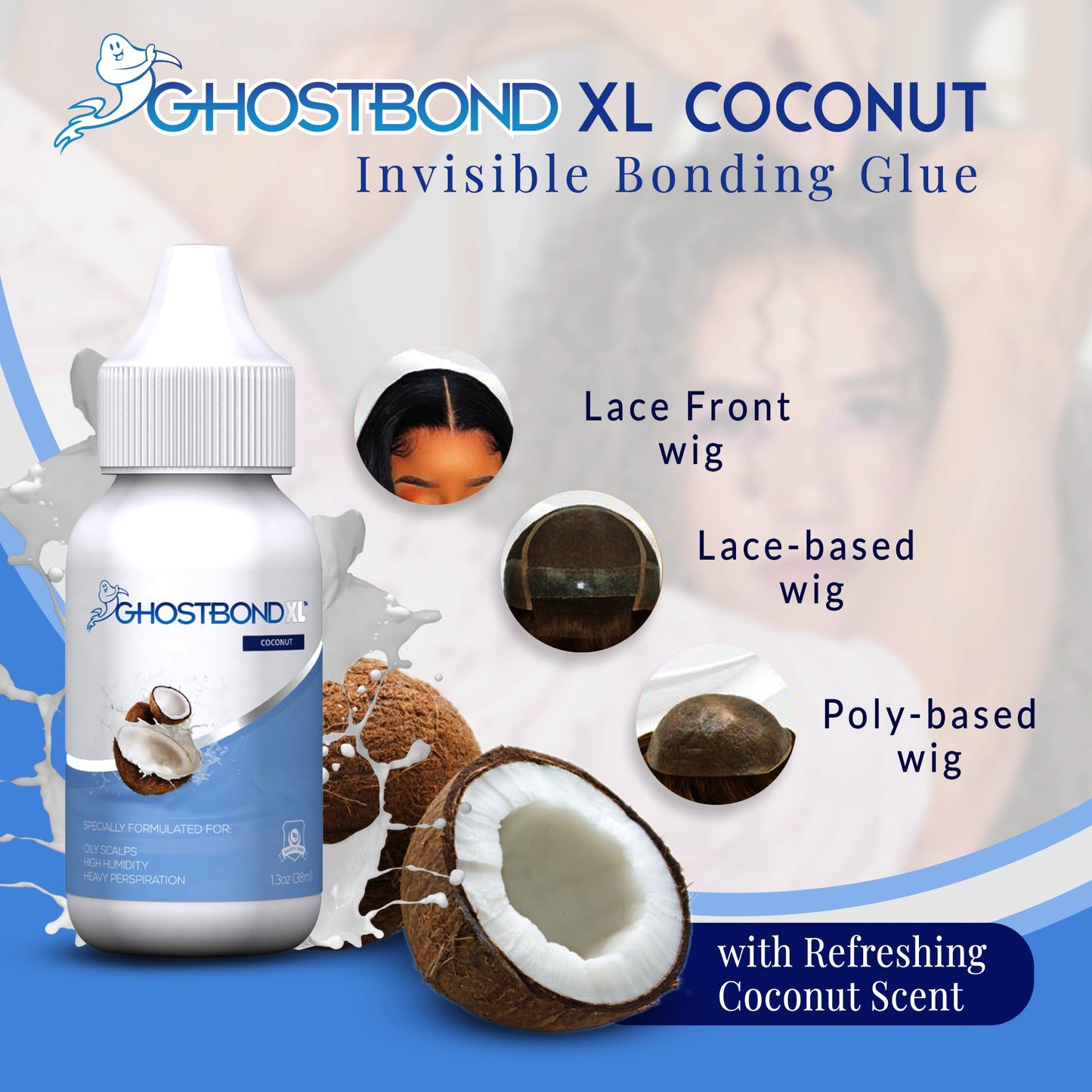 GHOSTBOND XL Hair Replacement Adhesive - 1.3oz - Invisible Bonding Wig Glue: Extra Moisture Control - Water & Oil-Resistant, Light Hold for Poly and Lace Hairpiece, Wig, Toupee Systems, (Peach)