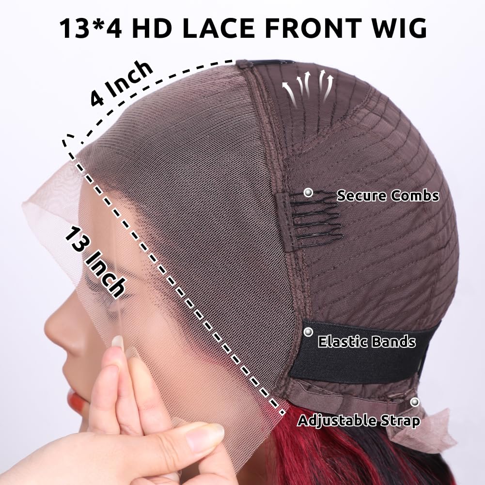 TESLAL Burgundy Body Wave Wig, 18 inch, 1B99J Colored Human Hair, 13x4 Lace Front, 180% Density, Pre Plucked, Adjustable, Tangle Free