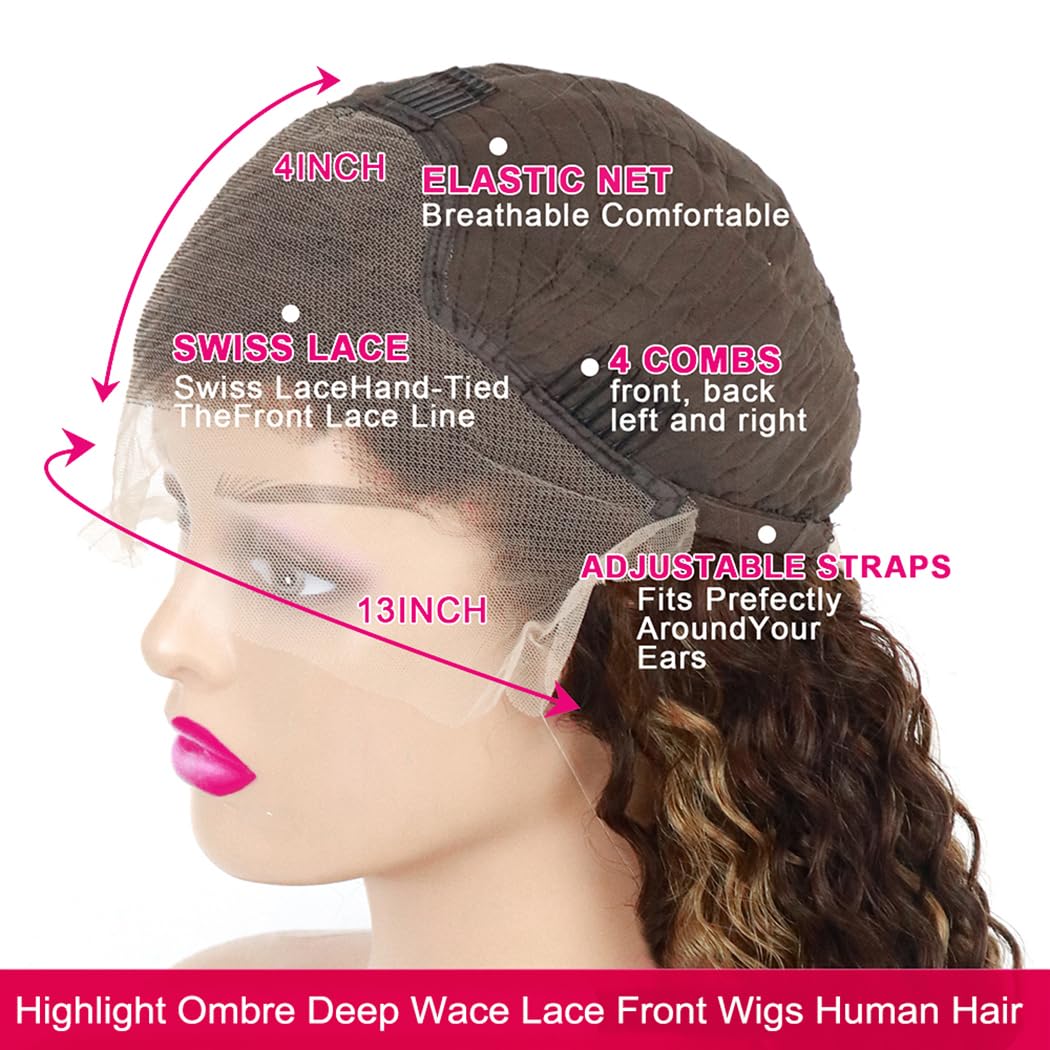 SHOWME 5x5 HD Lace Closure Glueless Wigs Human Hair Pre Plucked Brazilian Virgin Deep Wave Lace Front Wigs Human Hair 180% Density Closure Wig with Elastic Band Natural Hairline