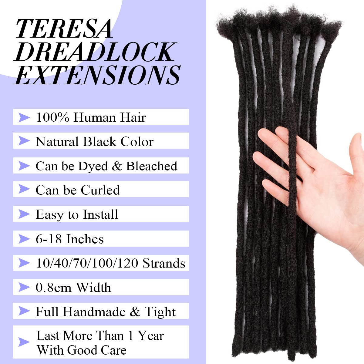 Teresa 0.8cm & 0.6cm & 0.4cm & 0.2cm Width 6-18 Inch 10, 20, 40, 70, 100 strands 100% Human Hair Dreadlock Extensions Men/Women,Full Handmade Permanent Human Loc Extensions Bundles(0.8cm,6 Inch)