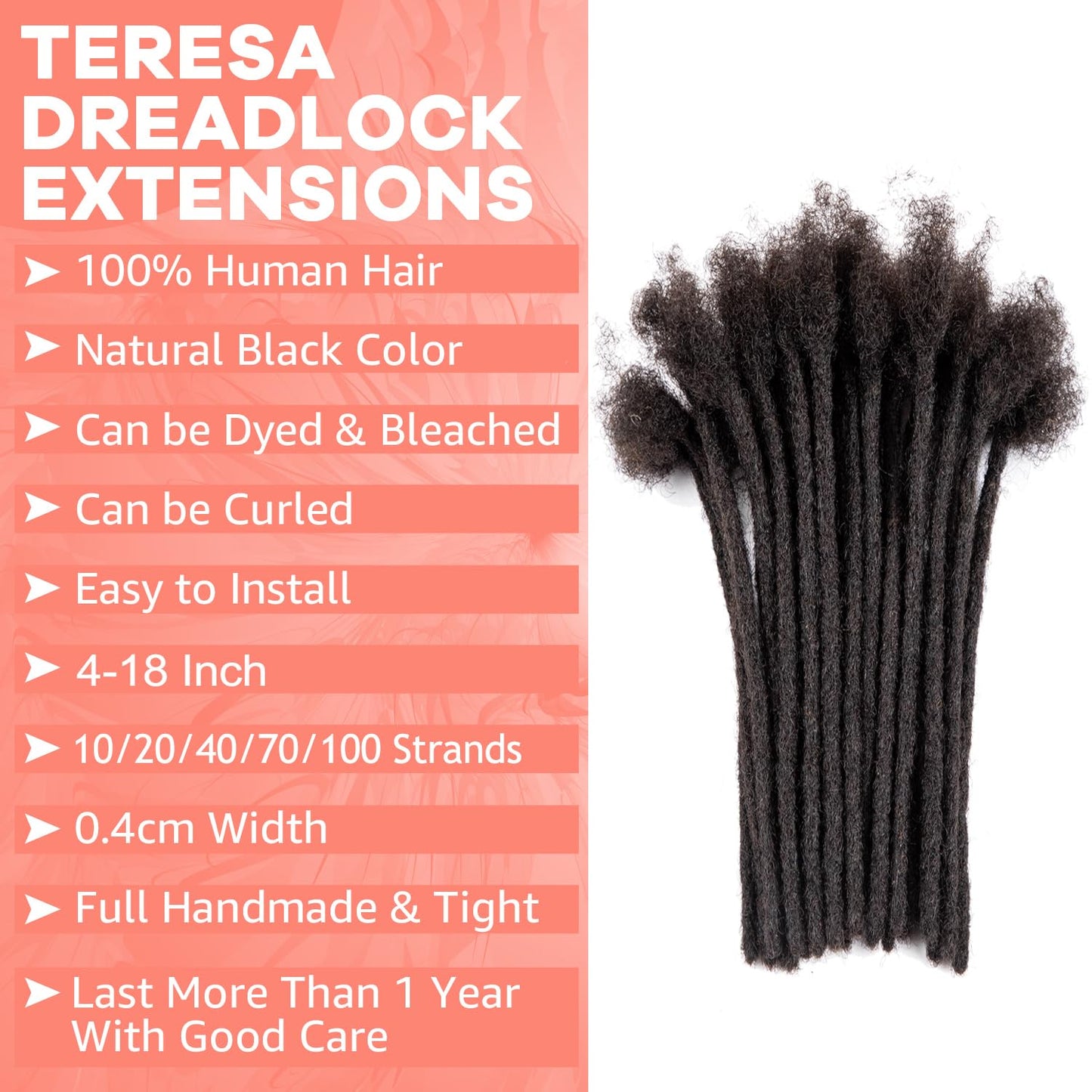 Teresa 0.8cm & 0.6cm & 0.4cm & 0.2cm Width 6-18 Inch 10, 20, 40, 70, 100 strands 100% Human Hair Dreadlock Extensions Men/Women,Full Handmade Permanent Human Loc Extensions Bundles(0.8cm,6 Inch)