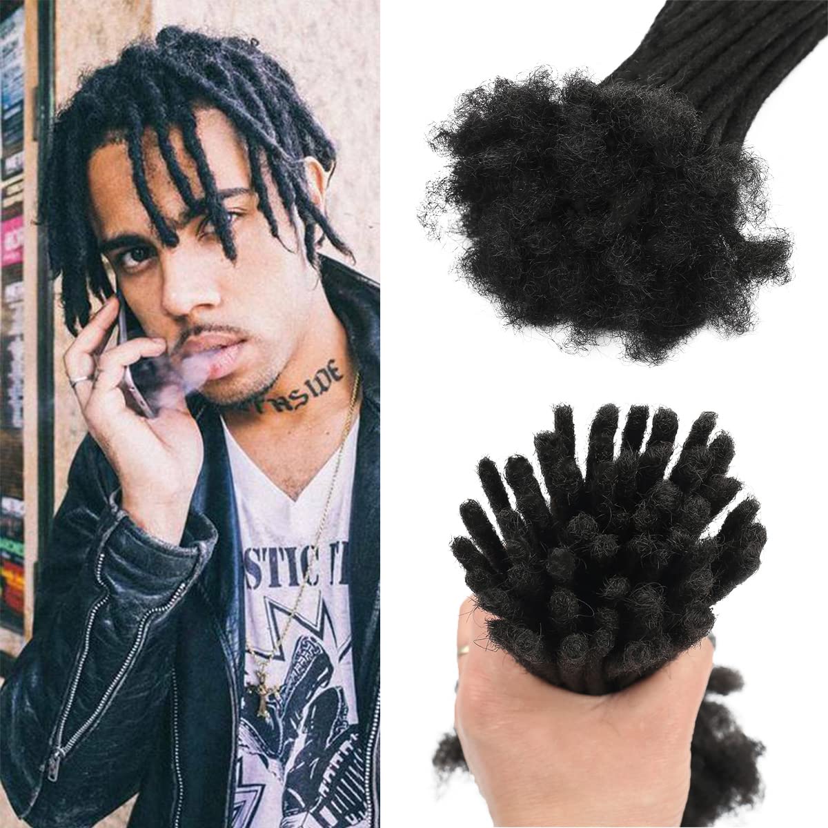 Dreadlock Extension Human Hair 8inch 0.8cm Width 100% Permanent Huamn Hair Loc Extension Can Be Dyed Bleached Curled Handmade Loc Extension for Men Women (30 Strands Natual Black)