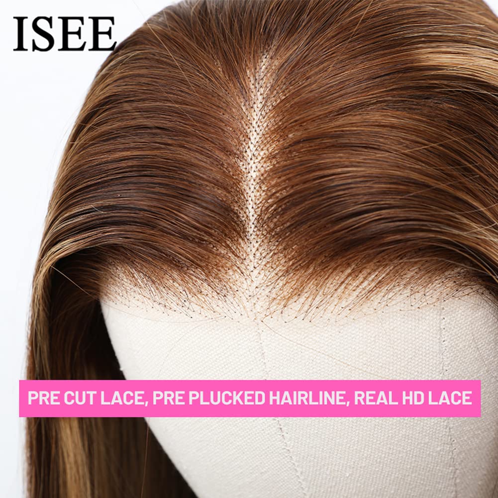 ISEE Wear & Go Glueless Wig Highlight Brown Wigs Silky Straight Pre-plucked 4x6 HD Transparent 4/27 Honey Blonde Lace Frontal Wigs 180% Density Colored Straight Human Hair Wigs for Women 28 Inch