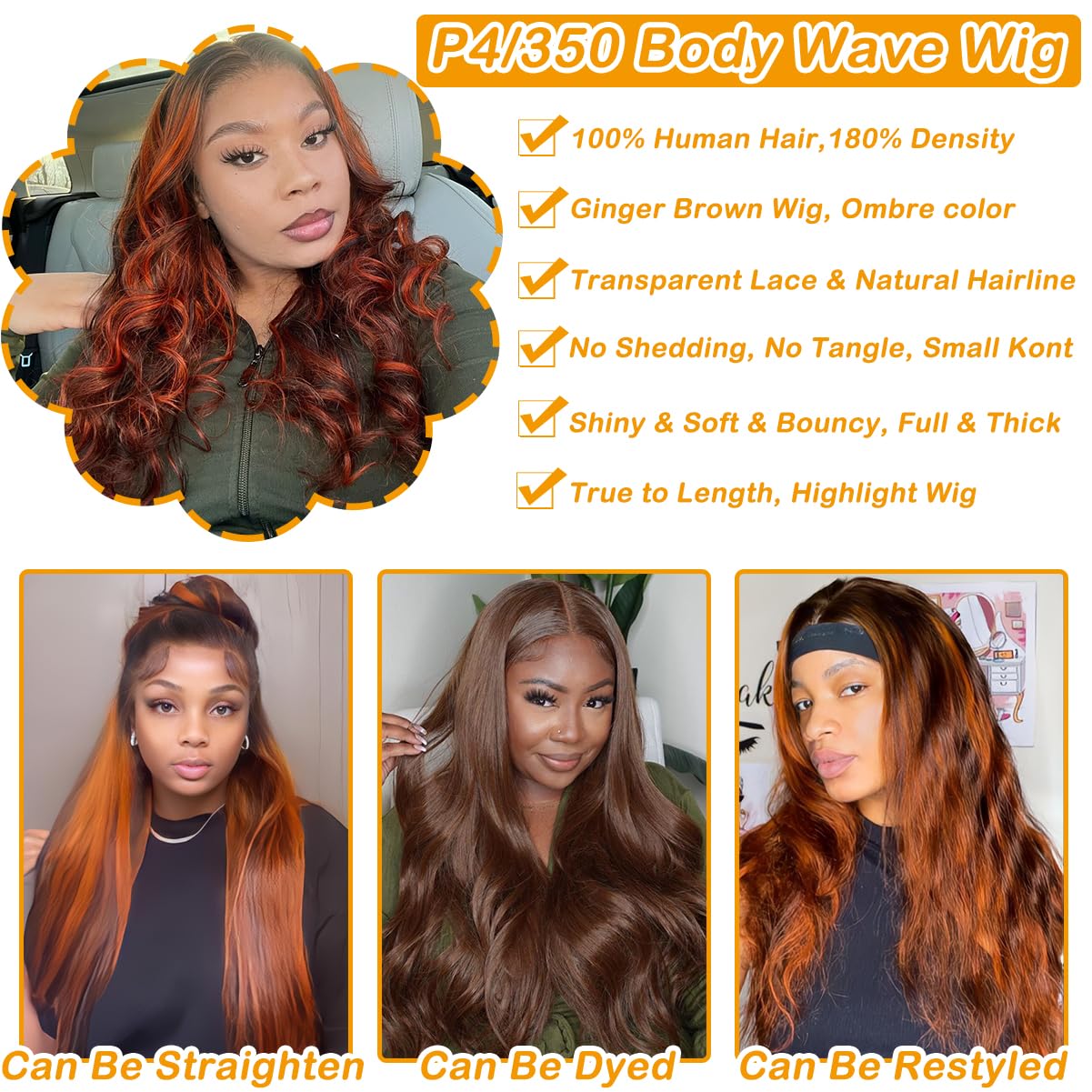P4/350 Body Wave Lace Front Wigs Human Hair Brown Ginger Colored Wigs 13x4 HD Lace Frontal Highlight Ombre Wig Human Hair 180% Density P4/350 Colored Wigs Human Hair for Black Women 22Inch