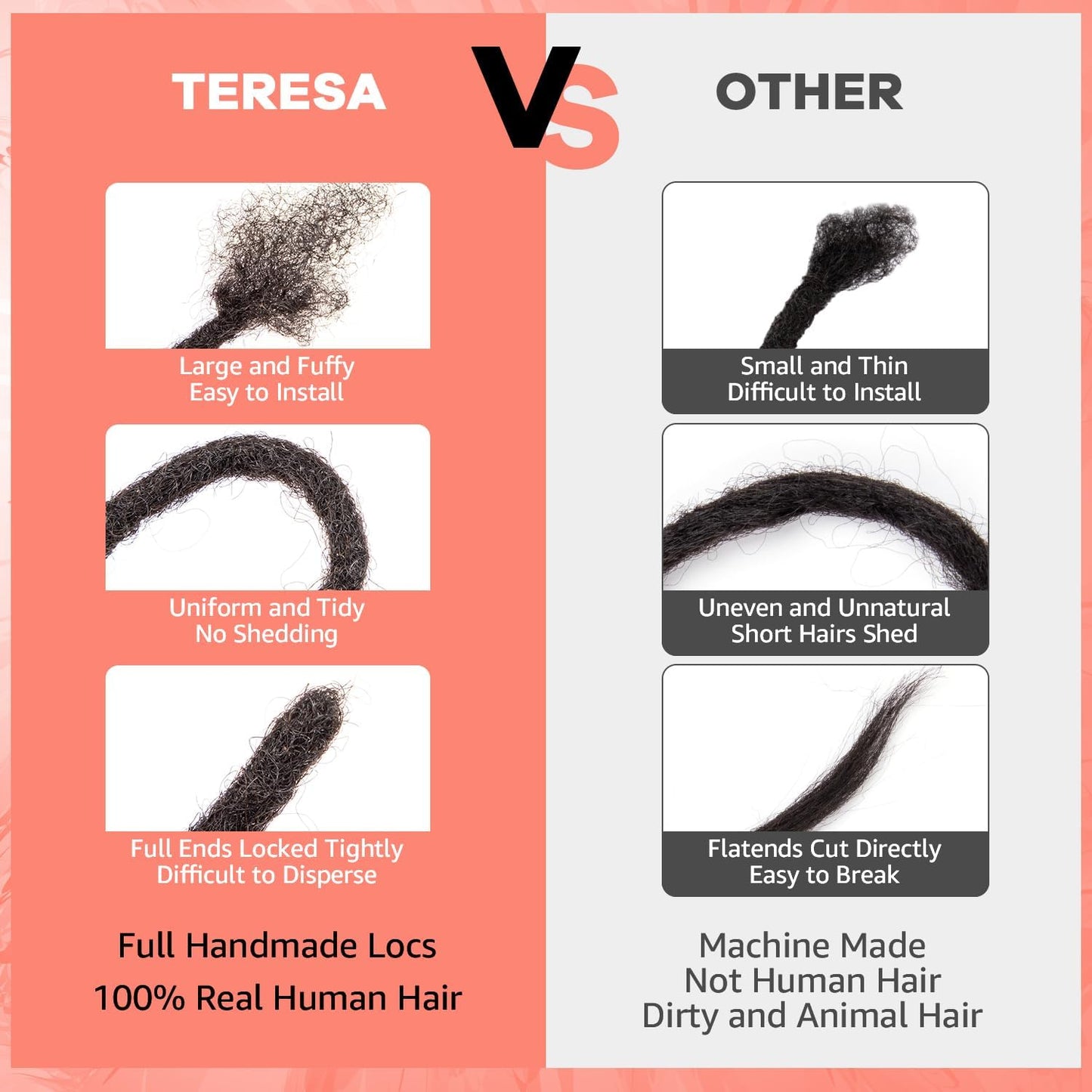 Teresa 0.8cm & 0.6cm & 0.4cm & 0.2cm Width 6-18 Inch 10, 20, 40, 70, 100 strands 100% Human Hair Dreadlock Extensions Men/Women,Full Handmade Permanent Human Loc Extensions Bundles(0.8cm,6 Inch)