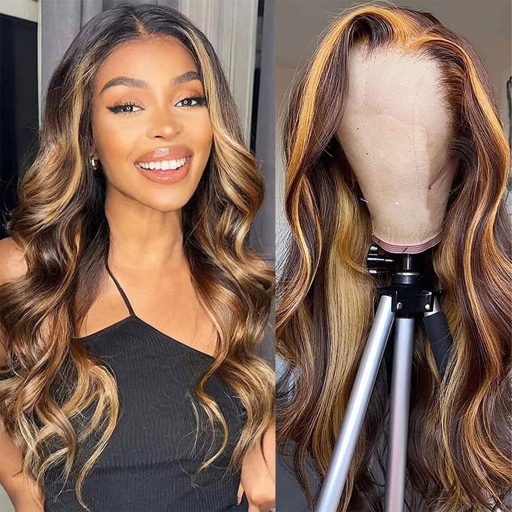 Honey Blonde Lace Front Wig Human Hair Glueless Wigs Human Hair Pre Plucked 13x4 HD Body Wave Lace Front Wigs 4/27 Colored Highlight Ombre Lace Front Wigs for Women