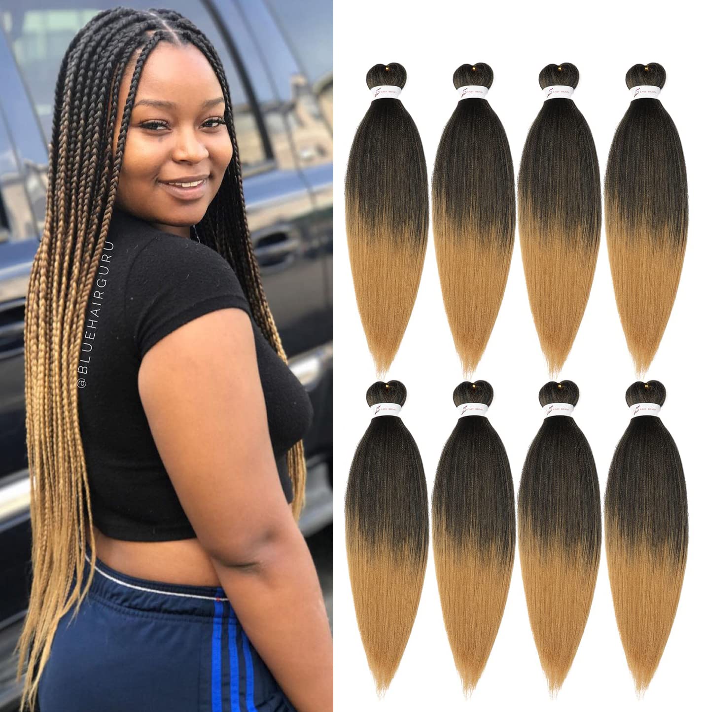 Braiding Hair Pre Stretched 24 Inch 8 Packs Ombre Braiding Hair Professional Soft Braiding Hair Yaki Texture, No Itch, Hot Water Setting Hair Extensions for Braids (24in,1B/30)