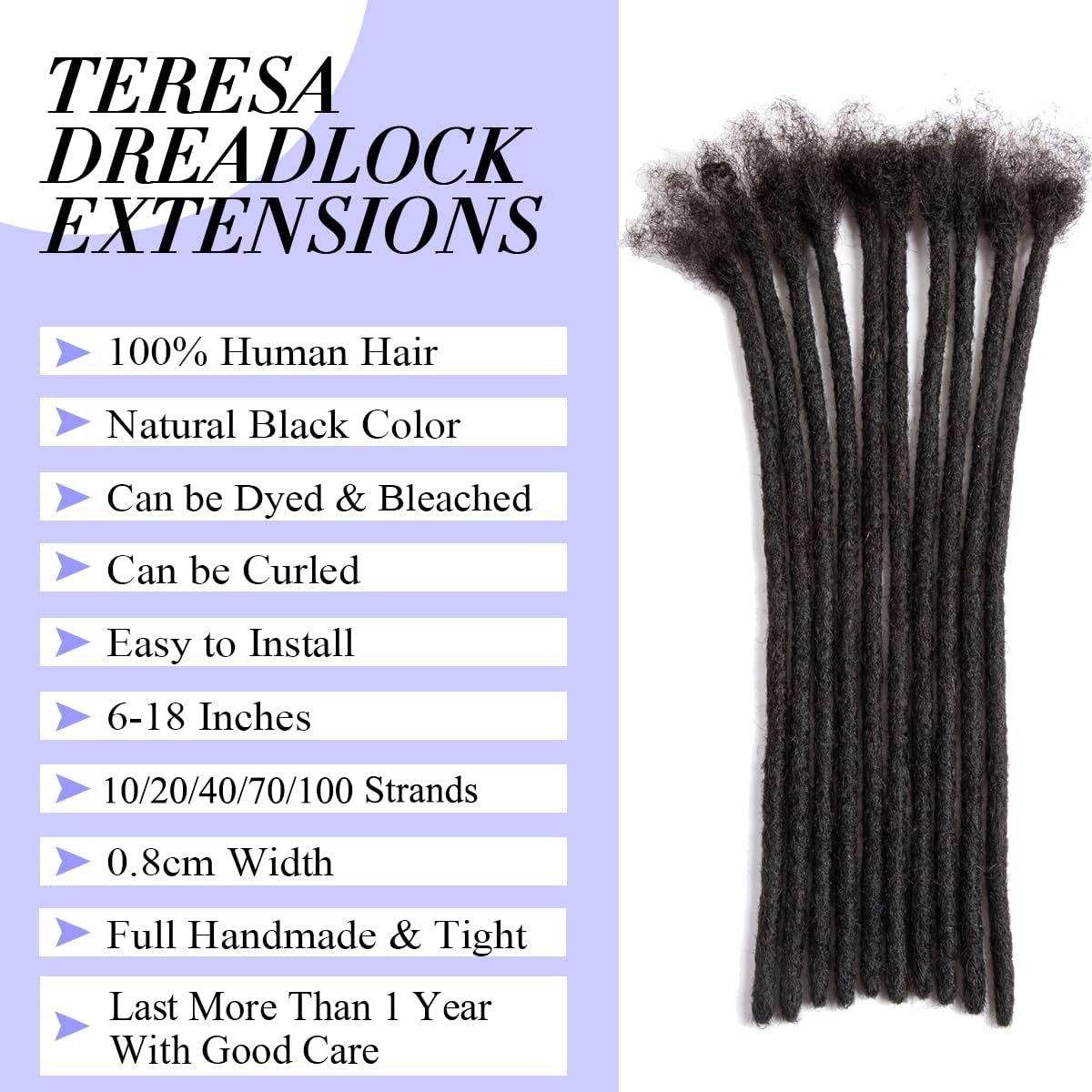 Teresa 0.8cm & 0.6cm & 0.4cm & 0.2cm Width 6-18 Inch 10, 20, 40, 70, 100 strands 100% Human Hair Dreadlock Extensions Men/Women,Full Handmade Permanent Human Loc Extensions Bundles(0.8cm,6 Inch)
