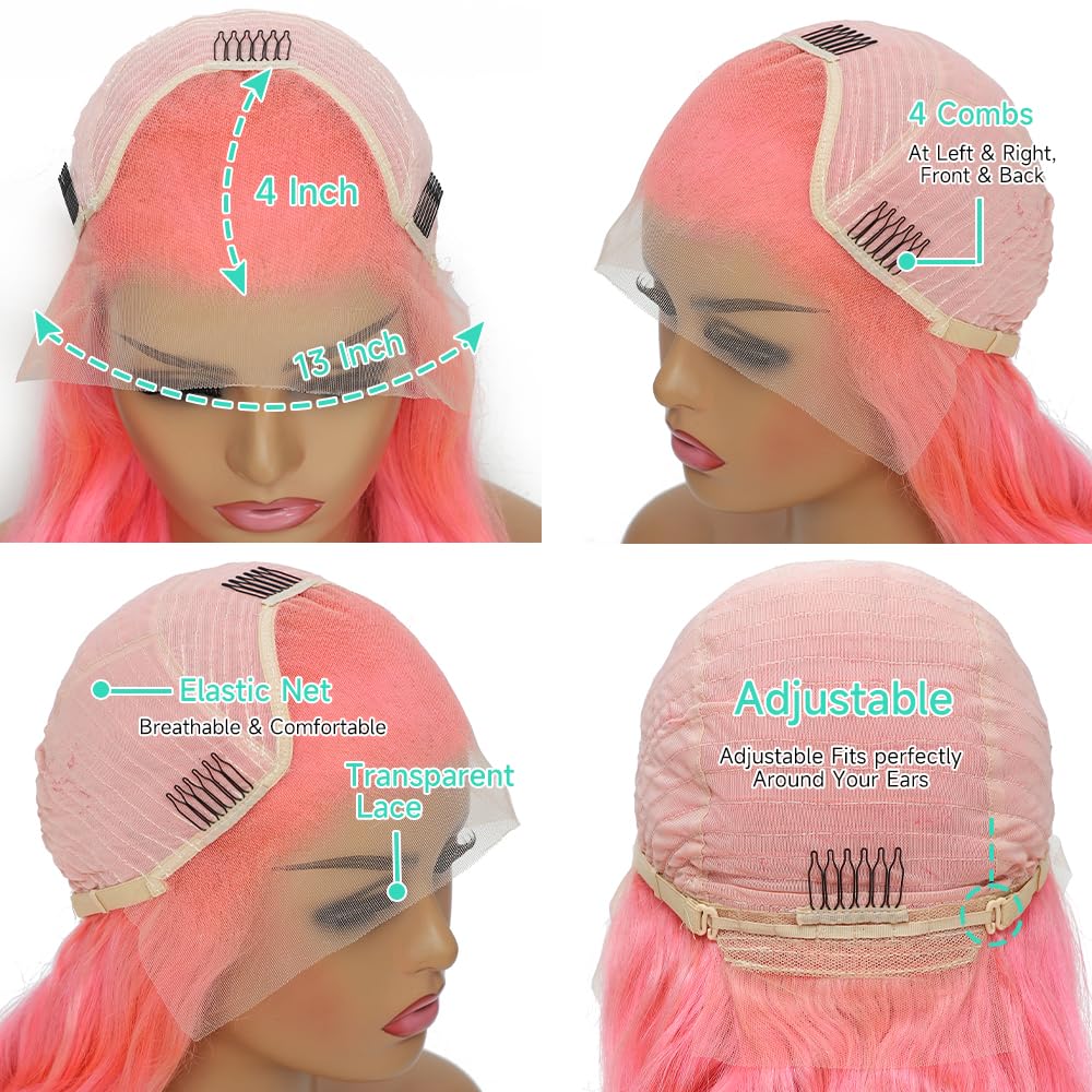 Pink Lace Front Wig Human Hair Pre Plucked Body Wave 13x4 Pink HD Lace Front Wigs human hair with Baby Hair 180% Density Colored Pink Human Hair Lace Front Wig 22 Inch