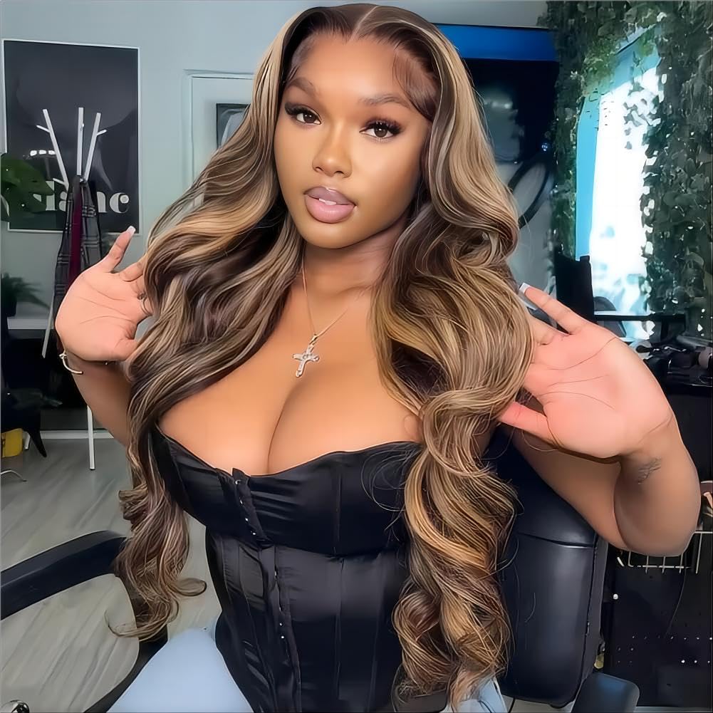 ISEE Wear & Go Glueless Wig Highlight Brown Wigs Silky Straight Pre-plucked 4x6 HD Transparent 4/27 Honey Blonde Lace Frontal Wigs 180% Density Colored Straight Human Hair Wigs for Women 28 Inch