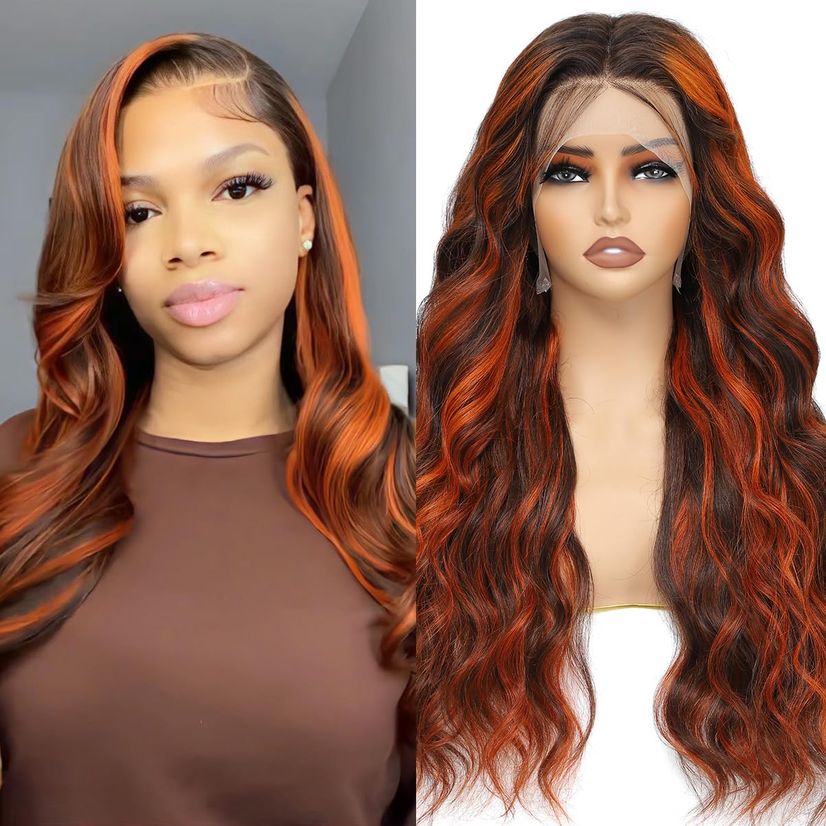 P4/350 Body Wave Lace Front Wigs Human Hair Brown Ginger Colored Wigs 13x4 HD Lace Frontal Highlight Ombre Wig Human Hair 180% Density P4/350 Colored Wigs Human Hair for Black Women 22Inch