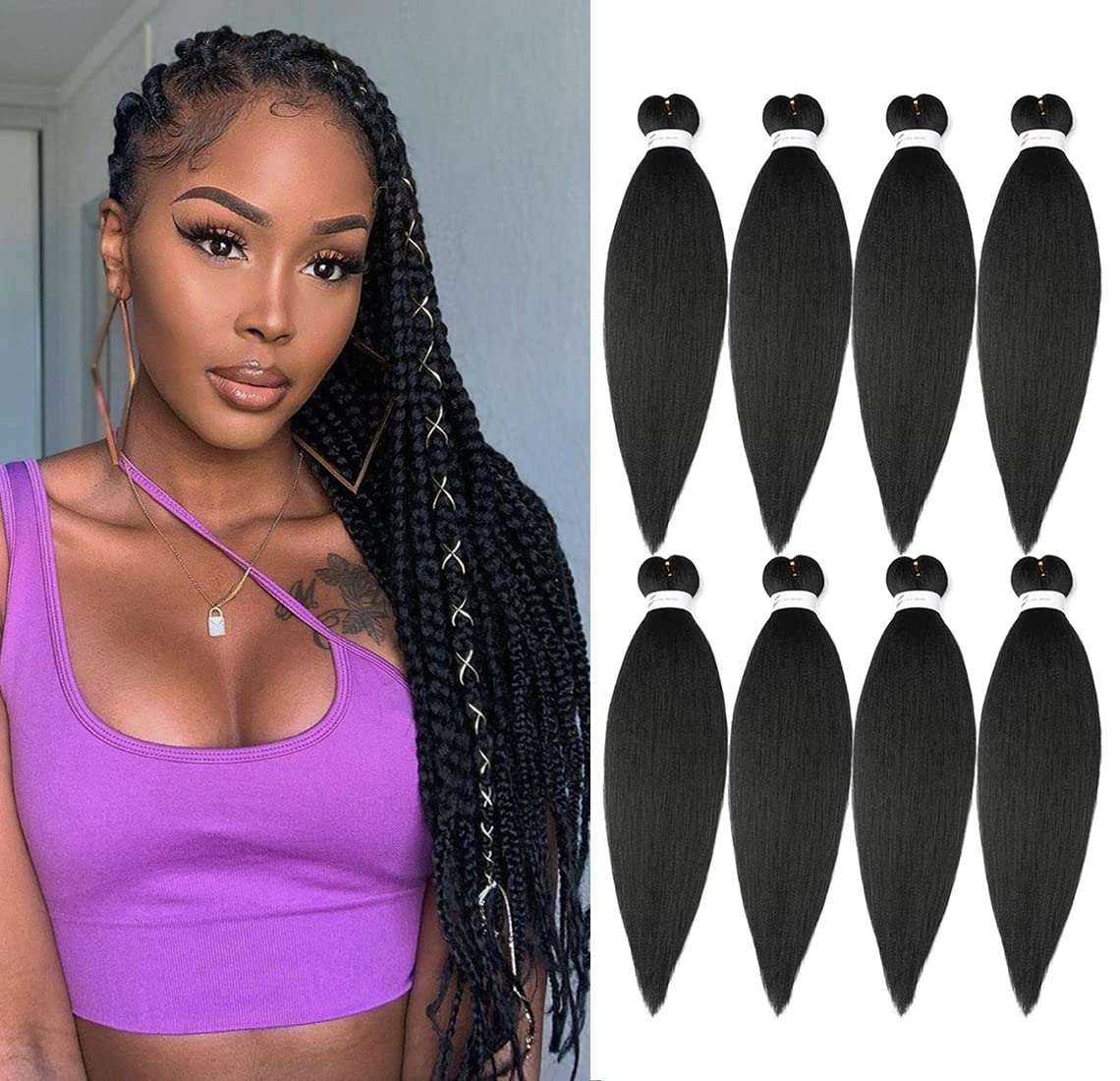 Braiding Hair Pre Stretched 24 Inch 8 Packs Ombre Braiding Hair Professional Soft Braiding Hair Yaki Texture, No Itch, Hot Water Setting Hair Extensions for Braids (24in,1B/30)