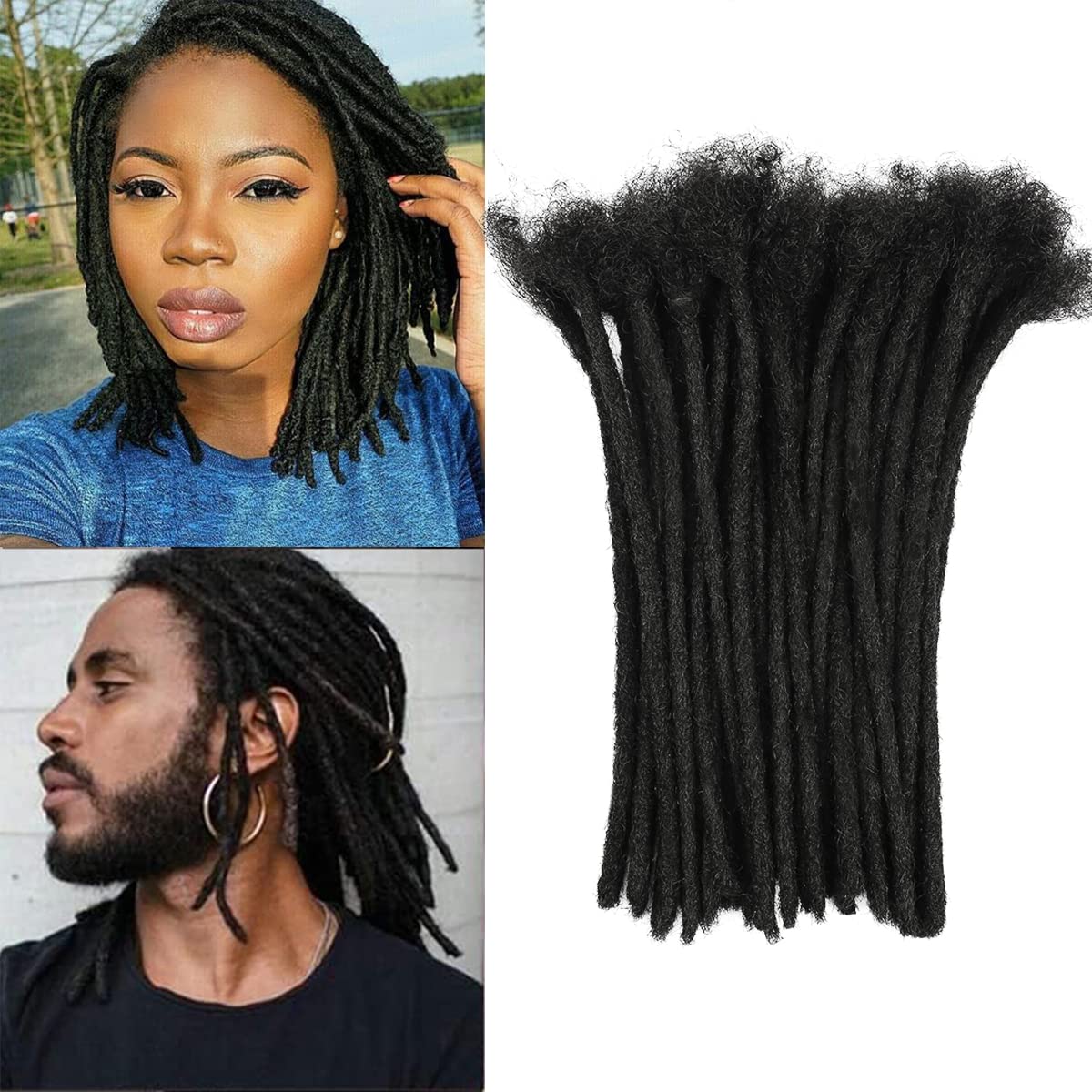 Dreadlock Extension Human Hair 8inch 0.8cm Width 100% Permanent Huamn Hair Loc Extension Can Be Dyed Bleached Curled Handmade Loc Extension for Men Women (30 Strands Natual Black)