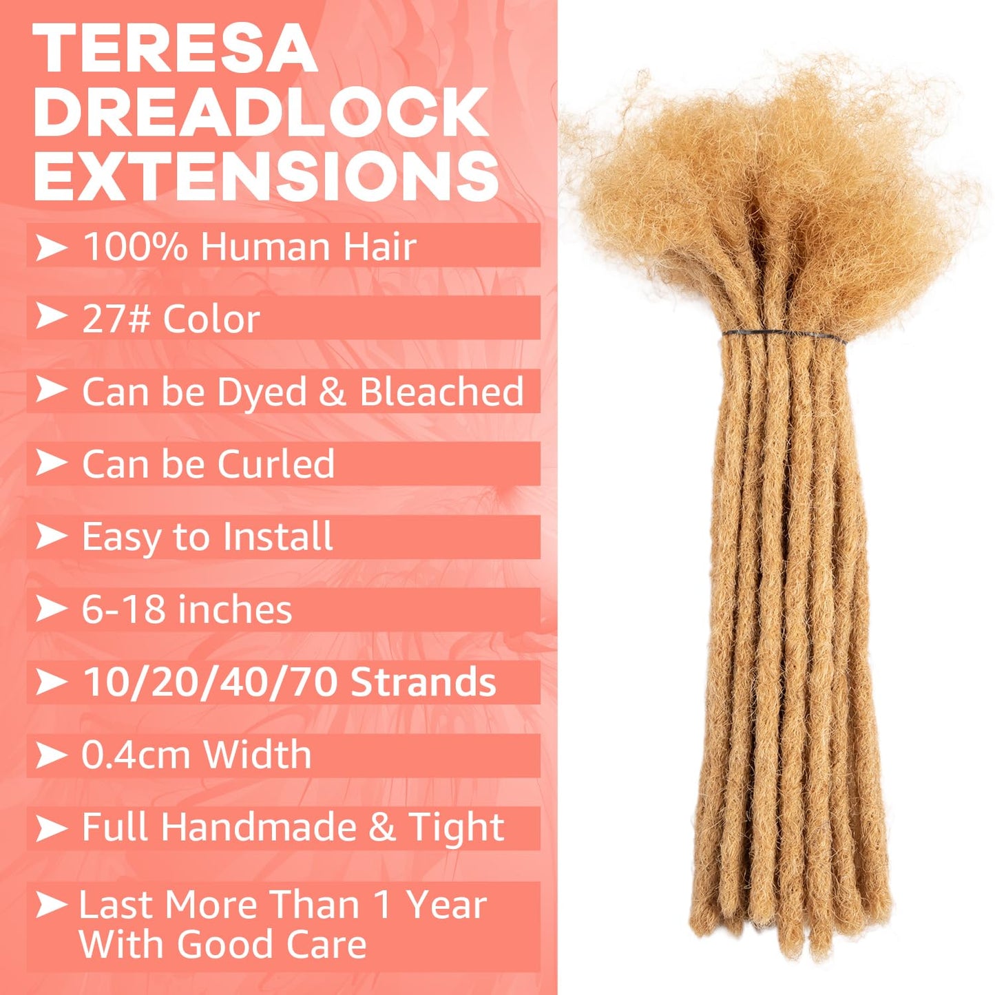 Teresa 0.8cm & 0.6cm & 0.4cm & 0.2cm Width 6-18 Inch 10, 20, 40, 70, 100 strands 100% Human Hair Dreadlock Extensions Men/Women,Full Handmade Permanent Human Loc Extensions Bundles(0.8cm,6 Inch)