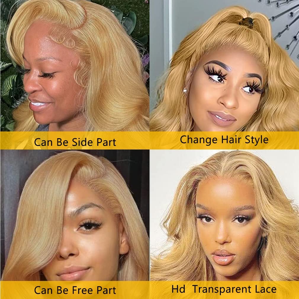 Ombre Highlight Lace Front Wig Human Hair 13x4 Glueless Transparent HD Lace Frontal Wigs Pre Plucked With Baby Hair Straight Brazilian Blonde 4/27 Human Hair Wigs 180% Density for Black Women 22 Inch