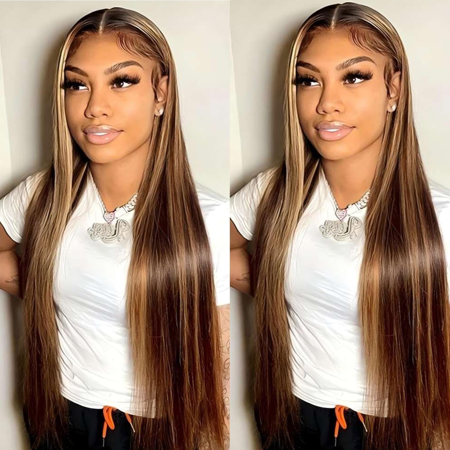ISEE Wear & Go Glueless Wig Highlight Brown Wigs Silky Straight Pre-plucked 4x6 HD Transparent 4/27 Honey Blonde Lace Frontal Wigs 180% Density Colored Straight Human Hair Wigs for Women 28 Inch