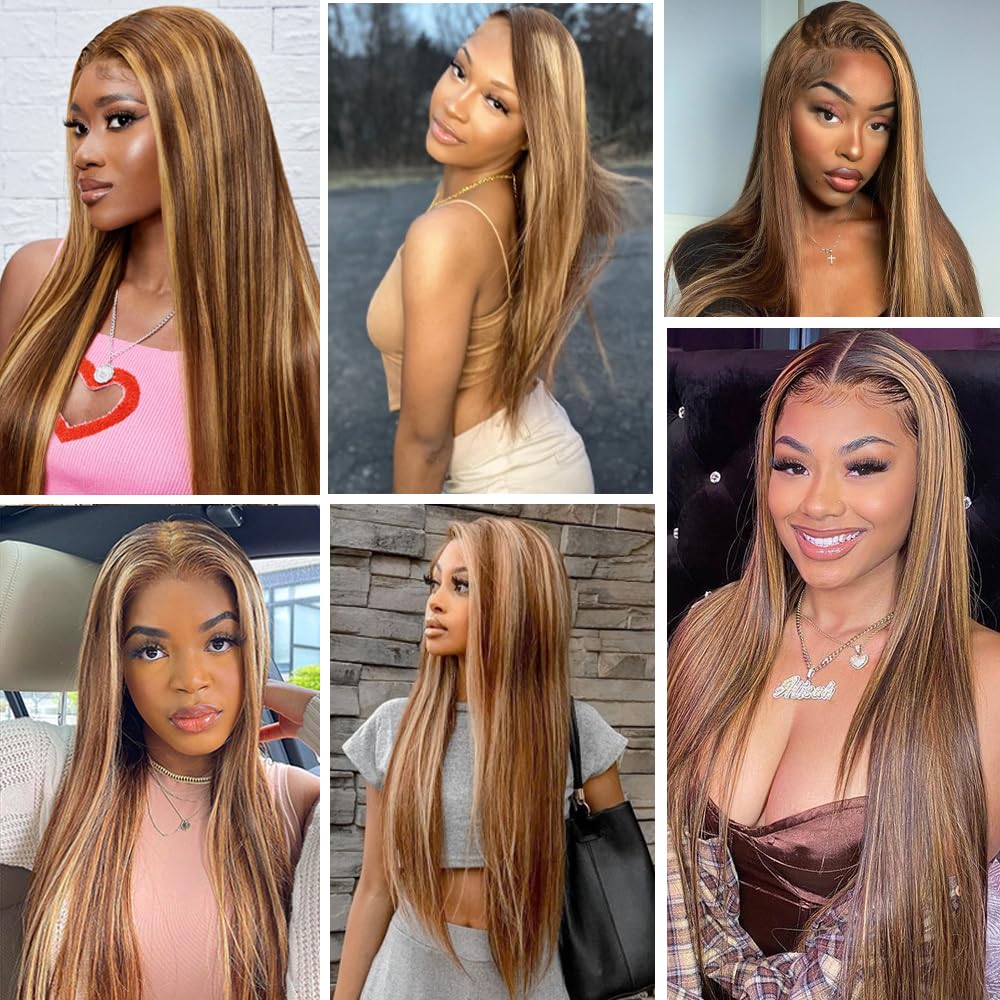 Ombre Highlight Lace Front Wig Human Hair 13x4 Glueless Transparent HD Lace Frontal Wigs Pre Plucked With Baby Hair Straight Brazilian Blonde 4/27 Human Hair Wigs 180% Density for Black Women 22 Inch