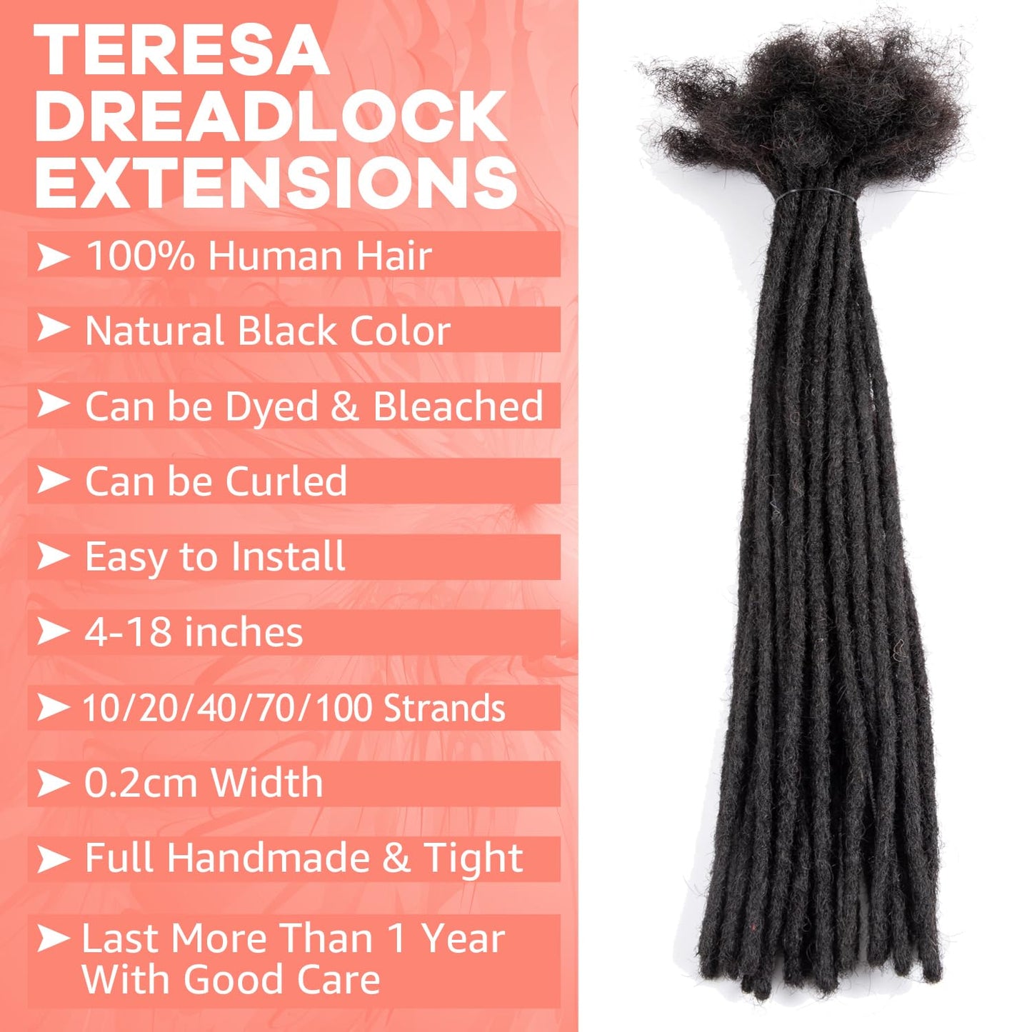 Teresa 0.8cm & 0.6cm & 0.4cm & 0.2cm Width 6-18 Inch 10, 20, 40, 70, 100 strands 100% Human Hair Dreadlock Extensions Men/Women,Full Handmade Permanent Human Loc Extensions Bundles(0.8cm,6 Inch)
