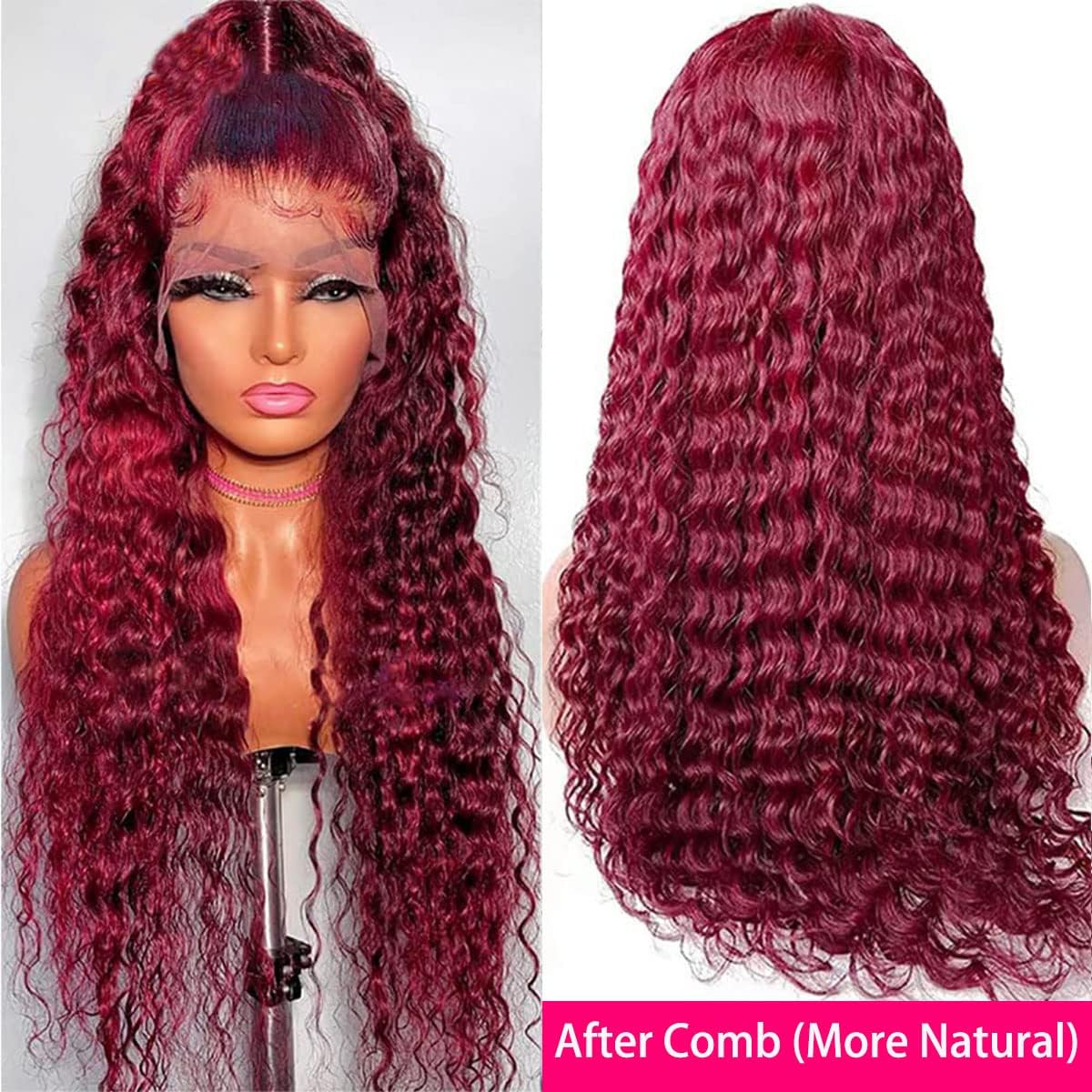 Burgundy Lace Front Wigs Human Hair Pre Plucked 99J Deep Wave Wig 13x4 HD Lace Frontal Wigs for Black Women Human Hair Red Colored Wet and Wavy Curly Wigs 22 Inch