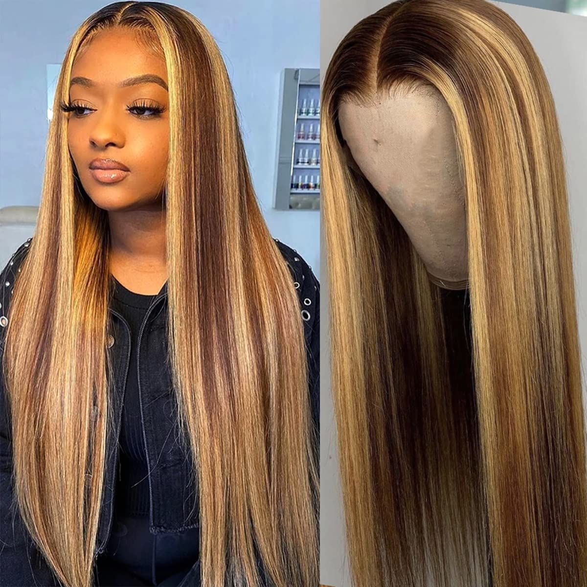 ISEE Wear & Go Glueless Wig Highlight Brown Wigs Silky Straight Pre-plucked 4x6 HD Transparent 4/27 Honey Blonde Lace Frontal Wigs 180% Density Colored Straight Human Hair Wigs for Women 28 Inch