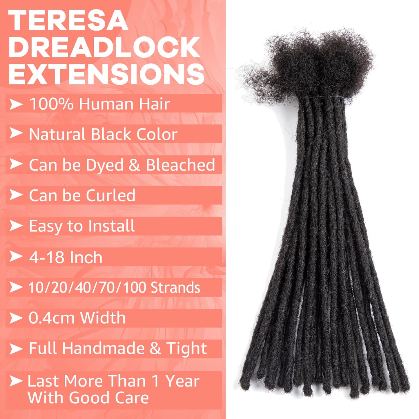 Teresa 0.8cm & 0.6cm & 0.4cm & 0.2cm Width 6-18 Inch 10, 20, 40, 70, 100 strands 100% Human Hair Dreadlock Extensions Men/Women,Full Handmade Permanent Human Loc Extensions Bundles(0.8cm,6 Inch)