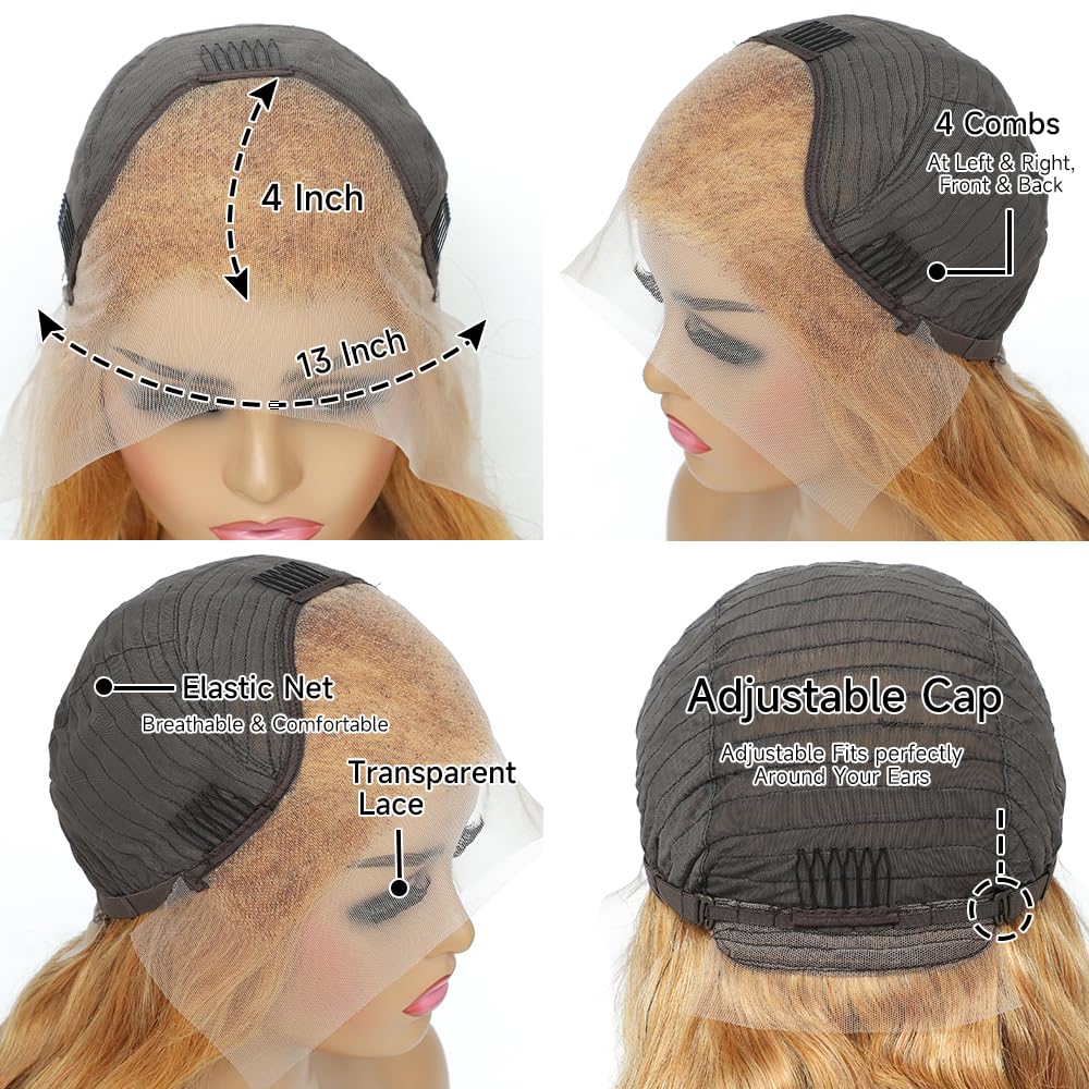 Ombre Highlight Lace Front Wig Human Hair 13x4 Glueless Transparent HD Lace Frontal Wigs Pre Plucked With Baby Hair Straight Brazilian Blonde 4/27 Human Hair Wigs 180% Density for Black Women 22 Inch