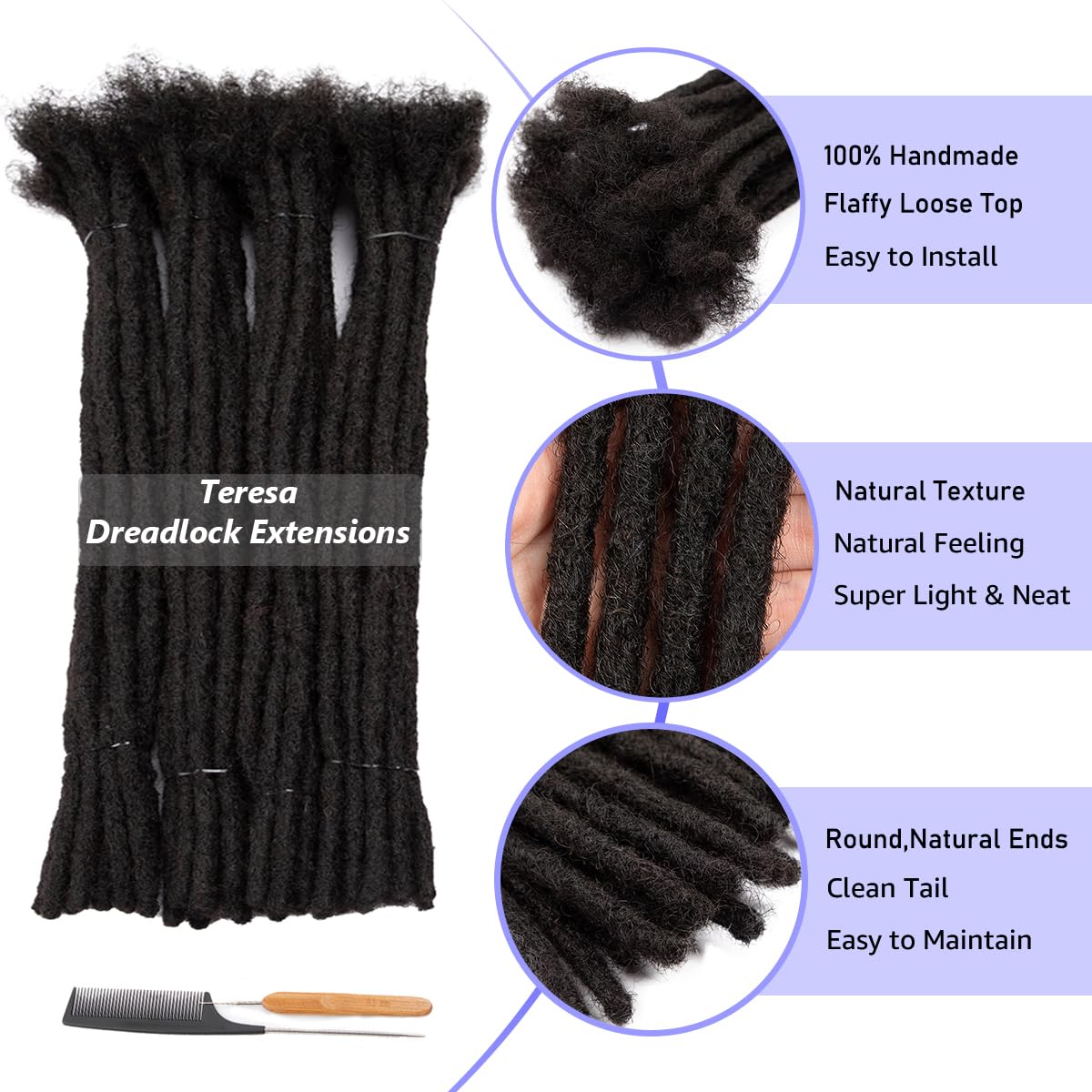 Teresa 0.8cm & 0.6cm & 0.4cm & 0.2cm Width 6-18 Inch 10, 20, 40, 70, 100 strands 100% Human Hair Dreadlock Extensions Men/Women,Full Handmade Permanent Human Loc Extensions Bundles(0.8cm,6 Inch)