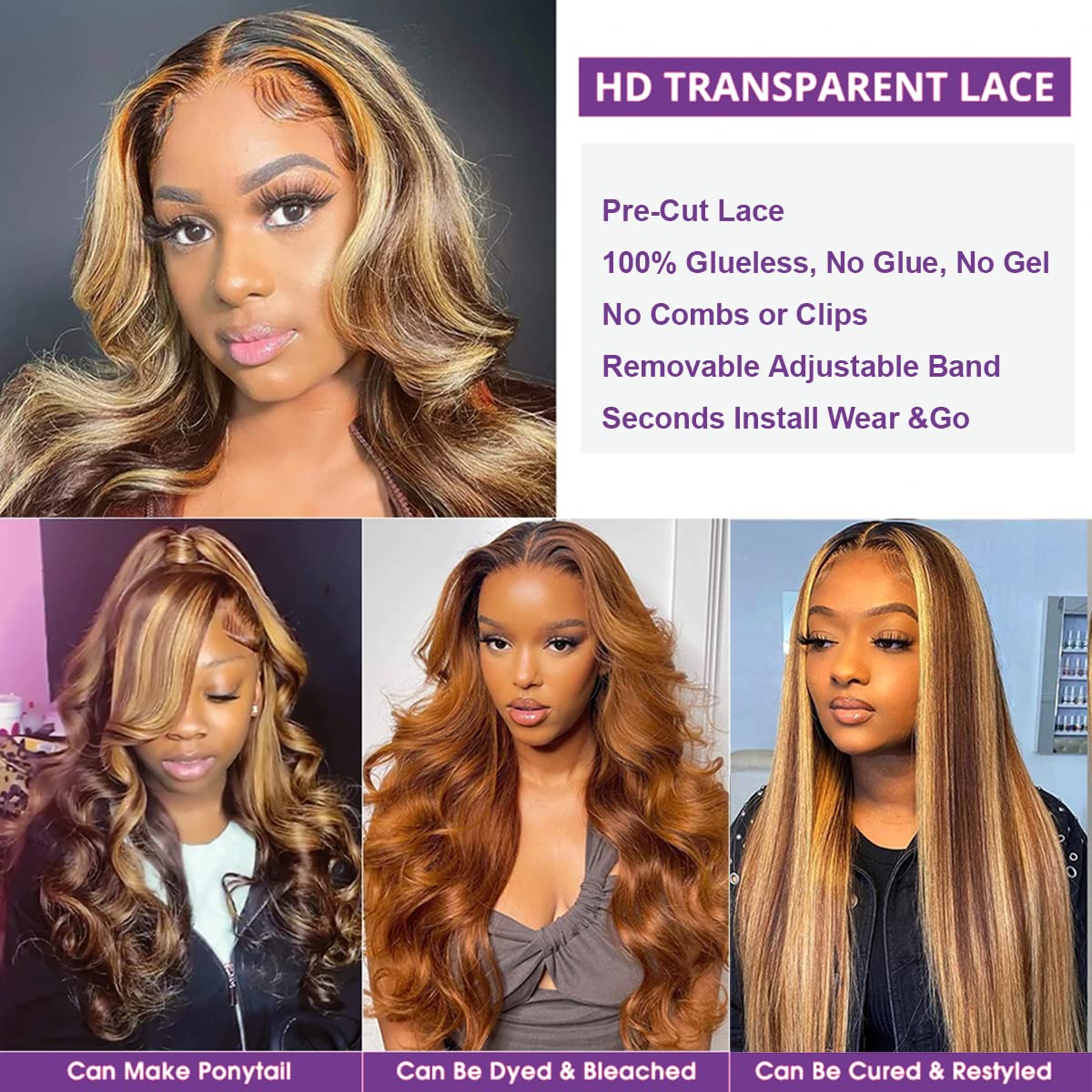 ISEE Wear & Go Glueless Wig Highlight Brown Wigs Silky Straight Pre-plucked 4x6 HD Transparent 4/27 Honey Blonde Lace Frontal Wigs 180% Density Colored Straight Human Hair Wigs for Women 28 Inch