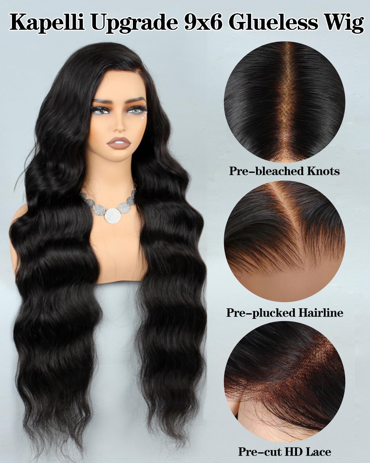 Kapelli Hair Pre Cut 9x6 Glueless Wigs Human Hair Pre Plucked Bleached Knots Body Wave Lace Front Wigs Human Hair Wear And Go Body Wave Transparent Lace Closure Wigs Human Hair 180% Density 20 Inch