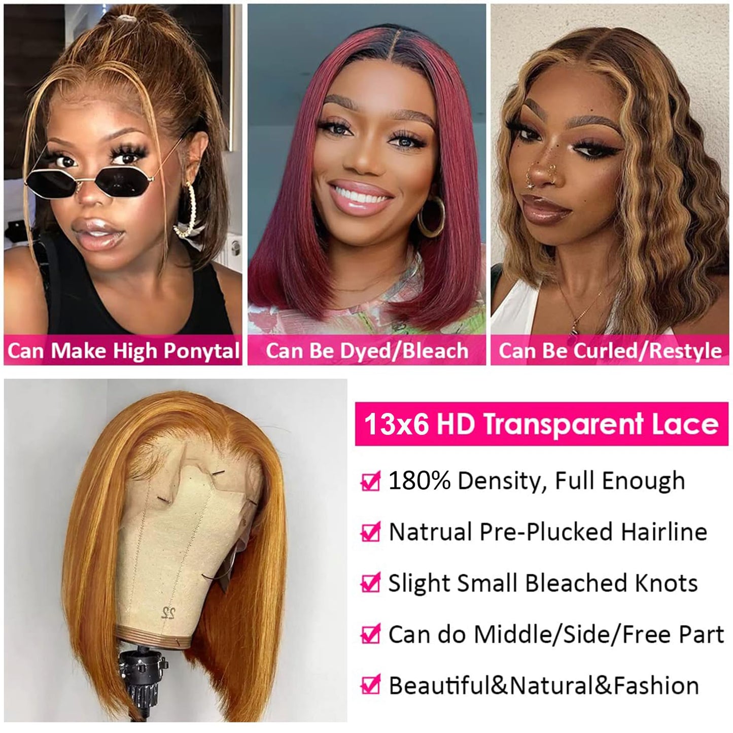 Bob Wig Human Hair 13x6 Lace Front Wigs Human Hair 180 Density Straight Frontal Wigs Human Hair HD Lace Wig Short Bob Wigs for Black Women Human Hair Glueless Wigs Pre Plucked Blunt Cut Wig 12 Inch