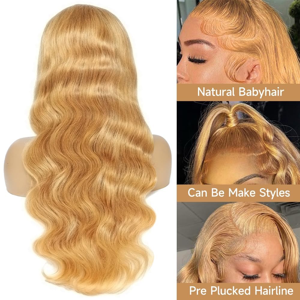 Ombre Highlight Lace Front Wig Human Hair 13x4 Glueless Transparent HD Lace Frontal Wigs Pre Plucked With Baby Hair Straight Brazilian Blonde 4/27 Human Hair Wigs 180% Density for Black Women 22 Inch