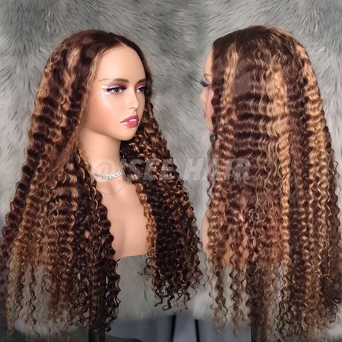 ISEE Wear & Go Glueless Wig Highlight Brown Wigs Silky Straight Pre-plucked 4x6 HD Transparent 4/27 Honey Blonde Lace Frontal Wigs 180% Density Colored Straight Human Hair Wigs for Women 28 Inch