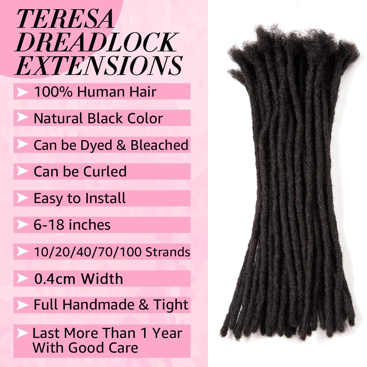 Teresa 0.8cm & 0.6cm & 0.4cm & 0.2cm Width 6-18 Inch 10, 20, 40, 70, 100 strands 100% Human Hair Dreadlock Extensions Men/Women,Full Handmade Permanent Human Loc Extensions Bundles(0.8cm,6 Inch)